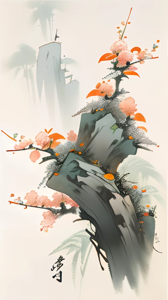 birds and flowers，[(White background:1.5)::5]，中景 the scene is，full bodyesbian，China-style，florals，stone fragment，Beautiful and delicate water，Wood grain