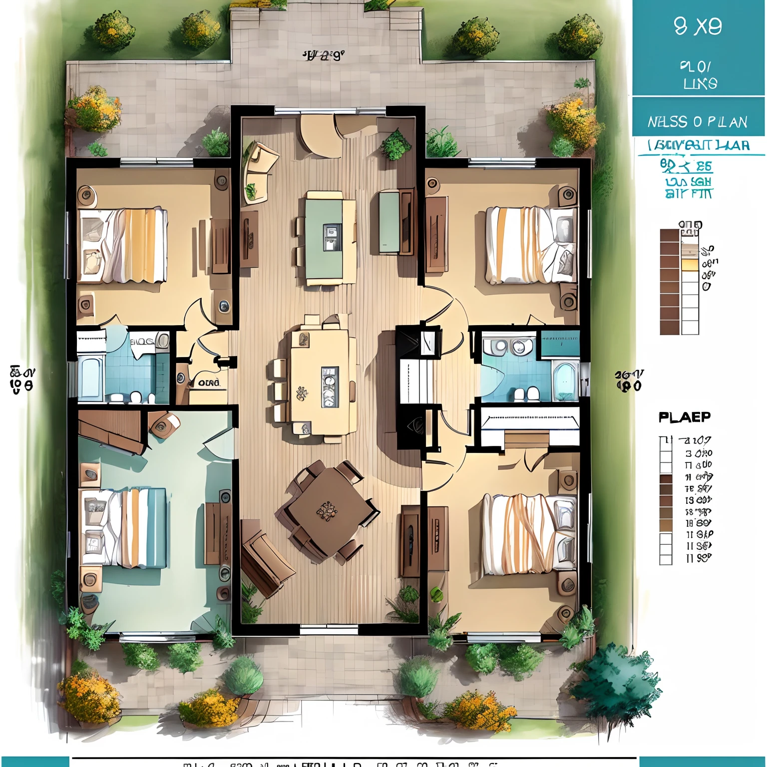 House plan, 9x20 plot, 2 parking spaces, 3 bedrooms and pool