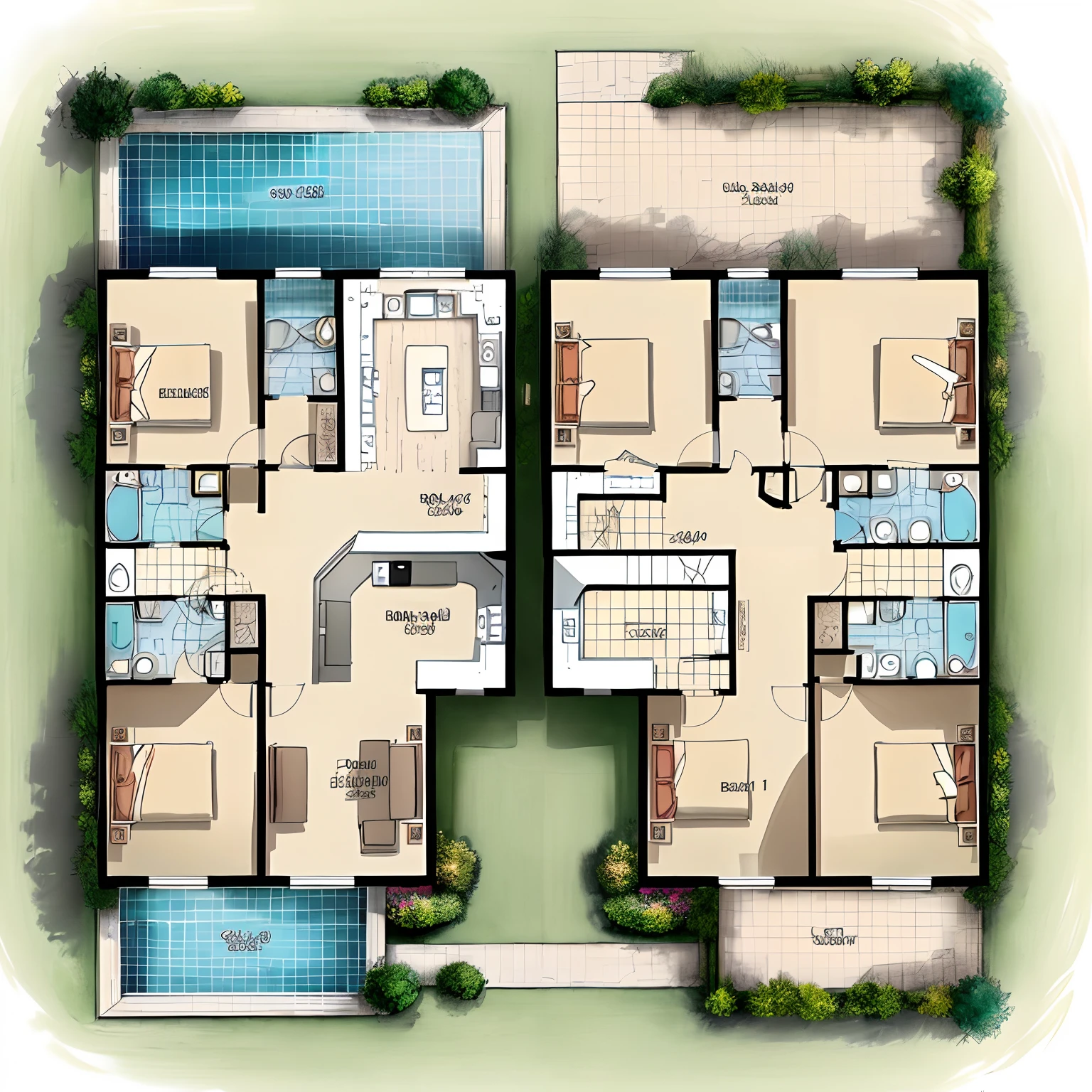 House plan, 9x20 plot, 2 parking spaces, 3 bedrooms and pool