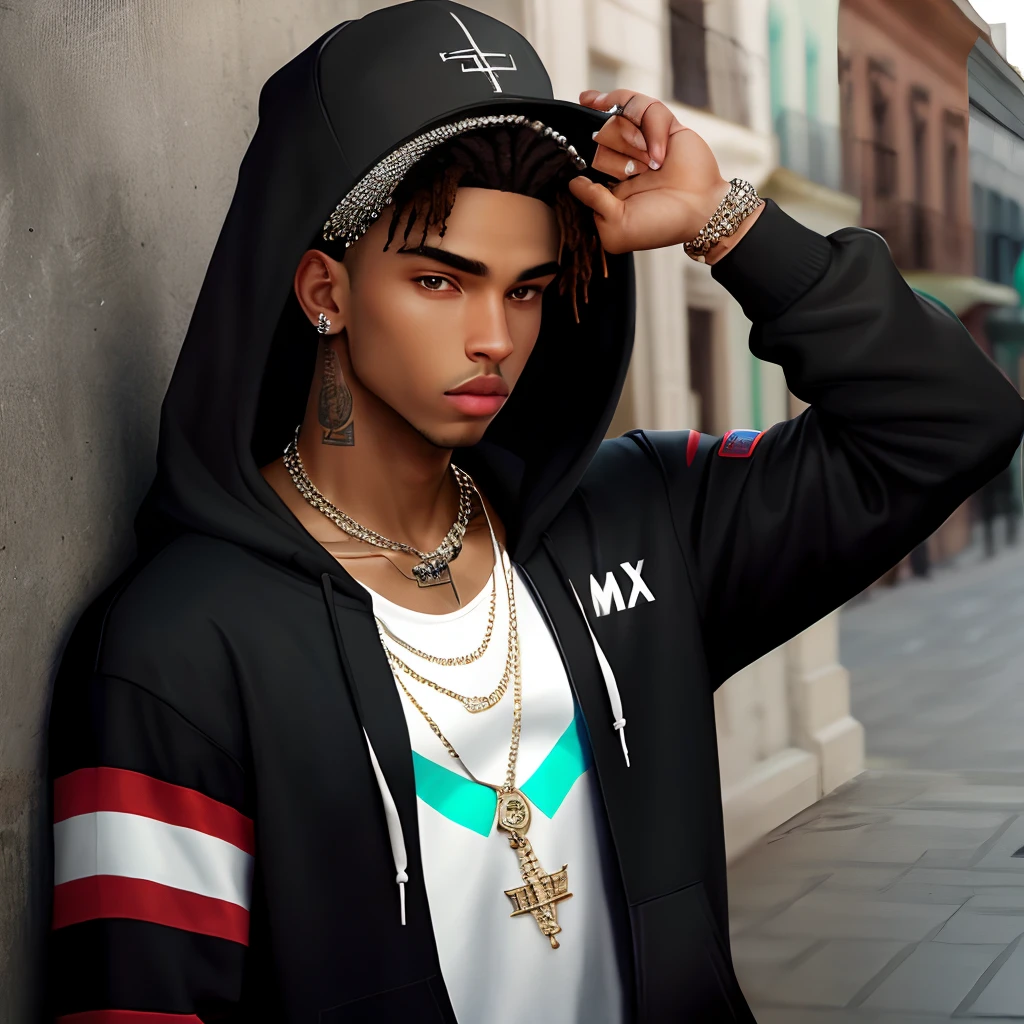 Young guy with hoodie, Cuban link, diamond chain, urban street wear name chain that says max with diamonds