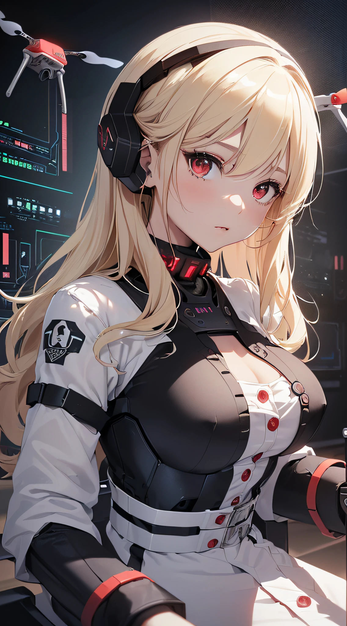 top-quality、Top image quality、masterpiece、girl with((cute little、18year old、Best Bust、Medium bust、Bust 85,Red eyes to issue、Breasts wide open,Valley、Blonde long hair、A slender、Manteau blanc、Black Y-shirt with open buttons、White pants、holding coffee cup、sit a chair)hiquality、Beautiful Art、Background with((Cyber Laboratories,Many drones、darkened room)),Depth((Lots of monitors))masutepiece、Elaborate design、visualart、depth of fields、Being in the air、weightless
