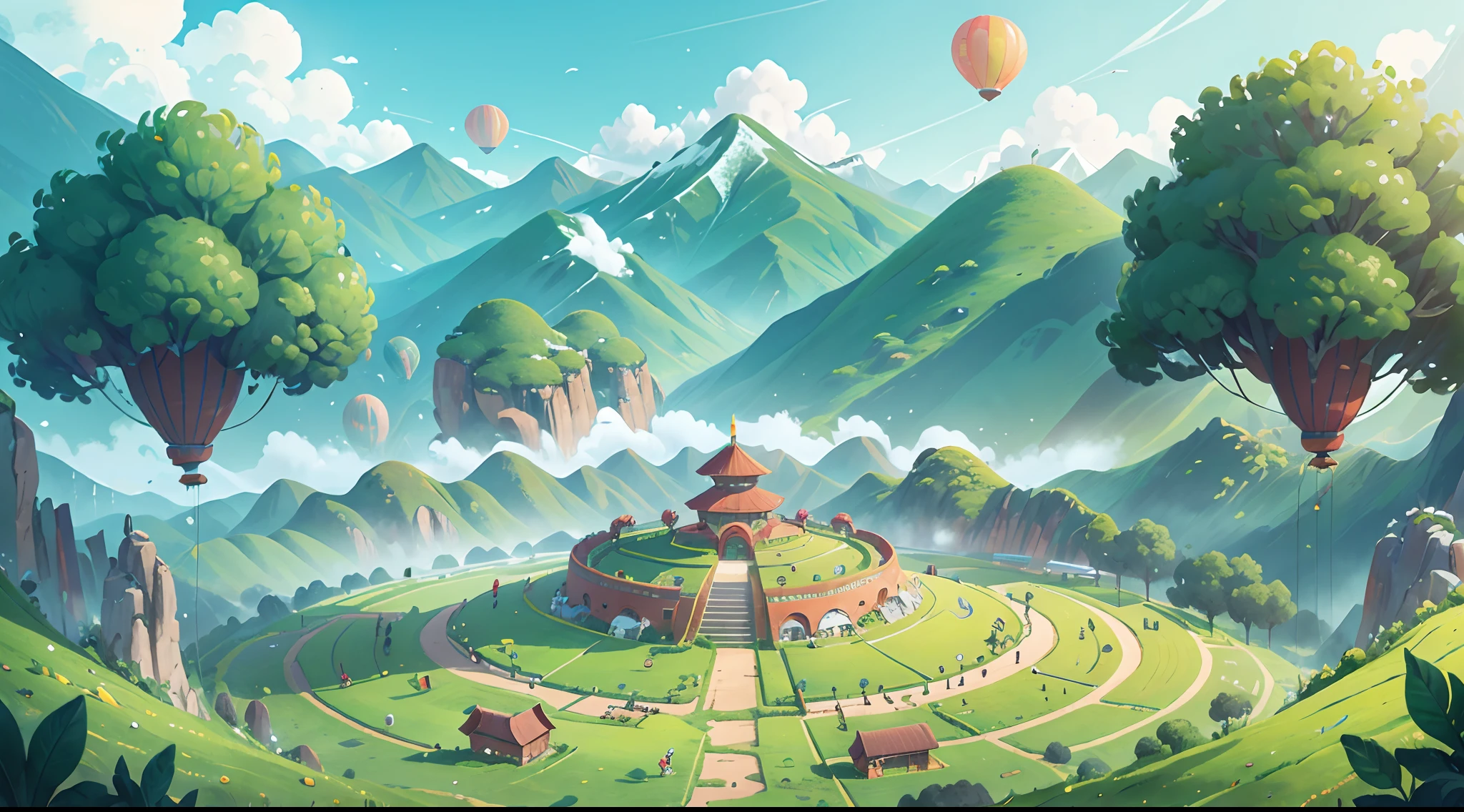 moutains,Big platform,grassy fields,The Zhuang people wear bright Zhuang costumes, The big empty stage, Two pillars, Plugs on both sides, There is also a circle of colorful balloons,Heads-up