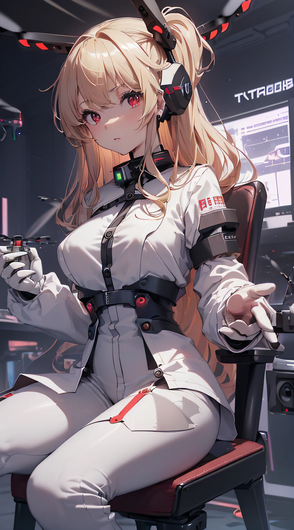 top-quality、Top image quality、​masterpiece、girl with((cute little、18year old、Best Bust、Medium bust、Bust 85,Red eyes to issue、Breasts wide open,Valley、Blonde long hair、A slender、Outerwear lab coat、Black Y-shirt with open buttons、White pants、holding coffee cup、sit a chair、Large valleys）hiquality、Beautiful Art、Background with((Cyber Laboratories,Many flying drones、darkened room)),Depth((２０Video monitor))masutepiece、Elaborate design、visualart、depth of fields、