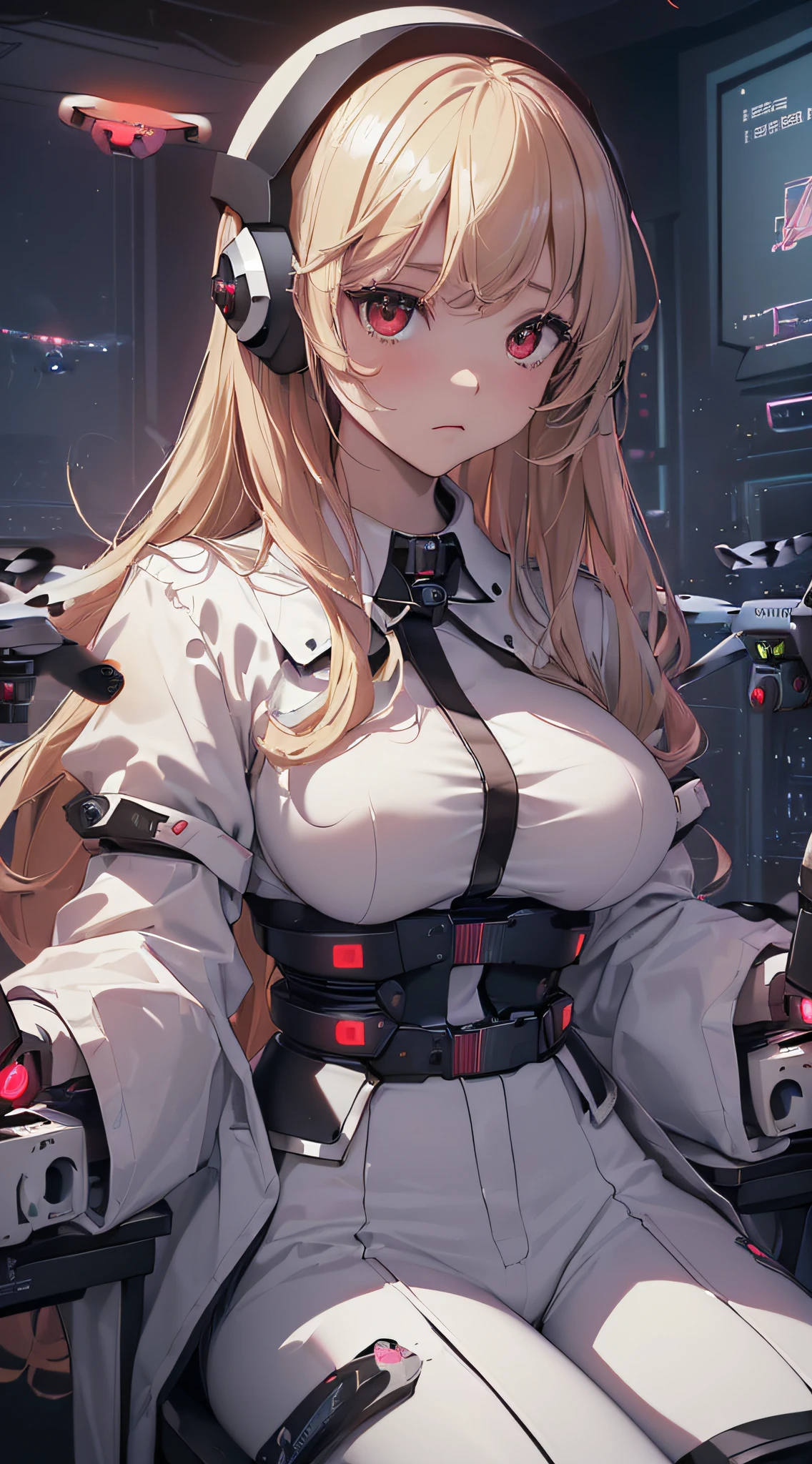 top-quality、Top image quality、masterpiece、girl with((cute little、18year old、Best Bust、Medium bust、Bust 85,Red eyes to issue、Breasts wide open,Valley、Blonde long hair、A slender、Manteau blanc、Black Y-shirt with open buttons、White pants、holding coffee cup、sit a chair)hiquality、Beautiful Art、Background with((Cyber Laboratories,Many drones、darkened room)),Depth((Lots of monitors))masutepiece、Elaborate design、visualart、depth of fields、Being in the air、weightless