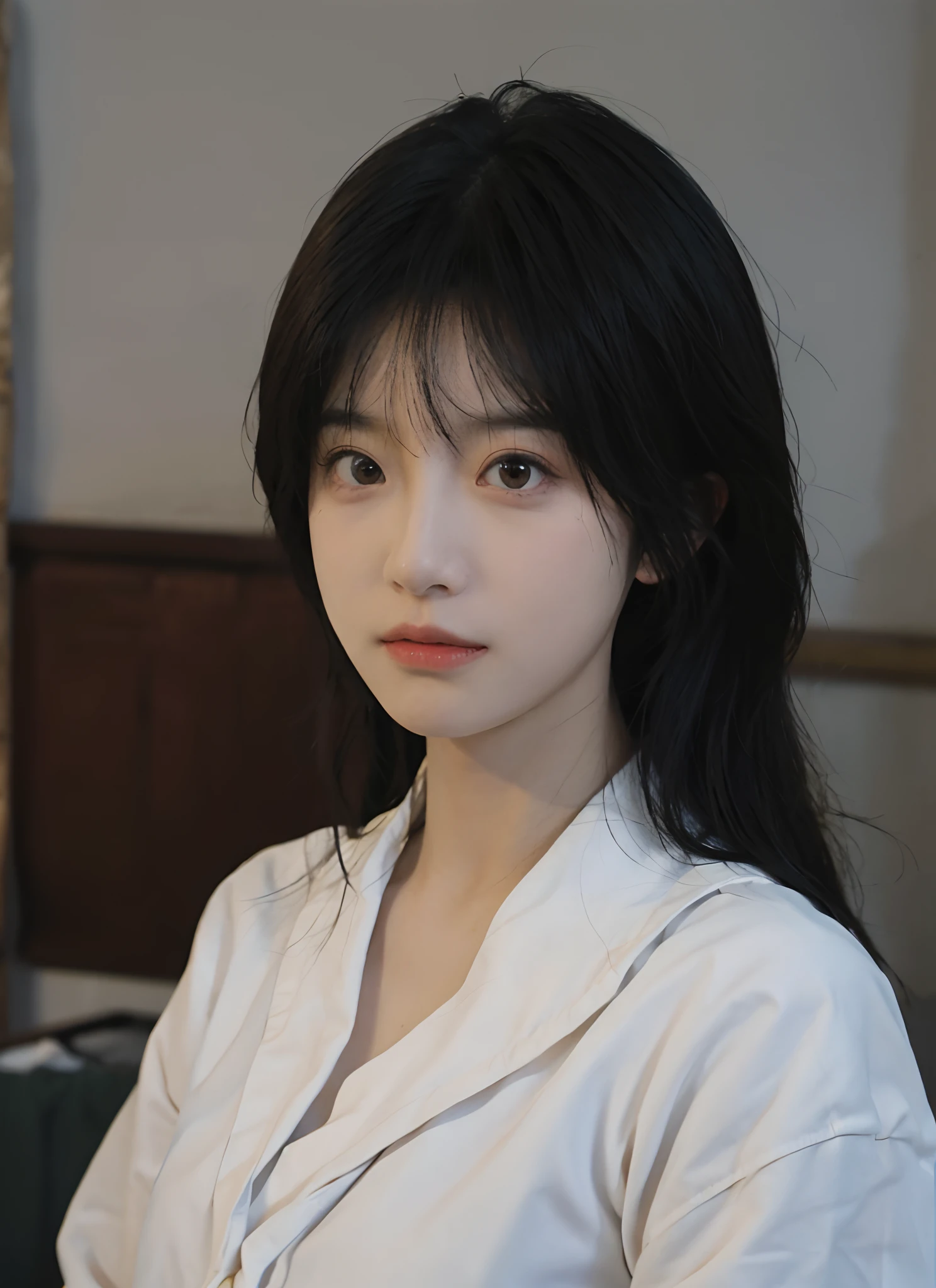 best qualtiy, 超高分辨率, (realisticlying:1.4), Girl, A pair of eyes as clear as snow,Royal Sister,Black long straight,yellow school uniforms, looking at viewert, closeup cleavage ,