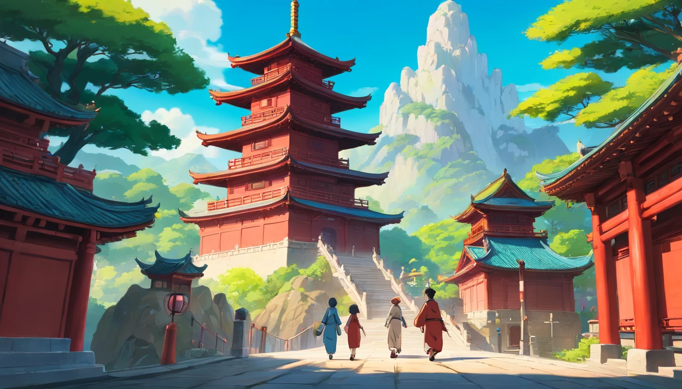 Anime - Style illustration of a group of people walking towards a pagoda, digital painting of a pagoda, Anime background art, Temple background, cyberpunk chinese ancient castle, Oriental art style, A beautiful artwork illustration, style of anime4 K, Anime art wallpaper 8 K, G Liulian art style, Zen temple background, background depicting a temple
