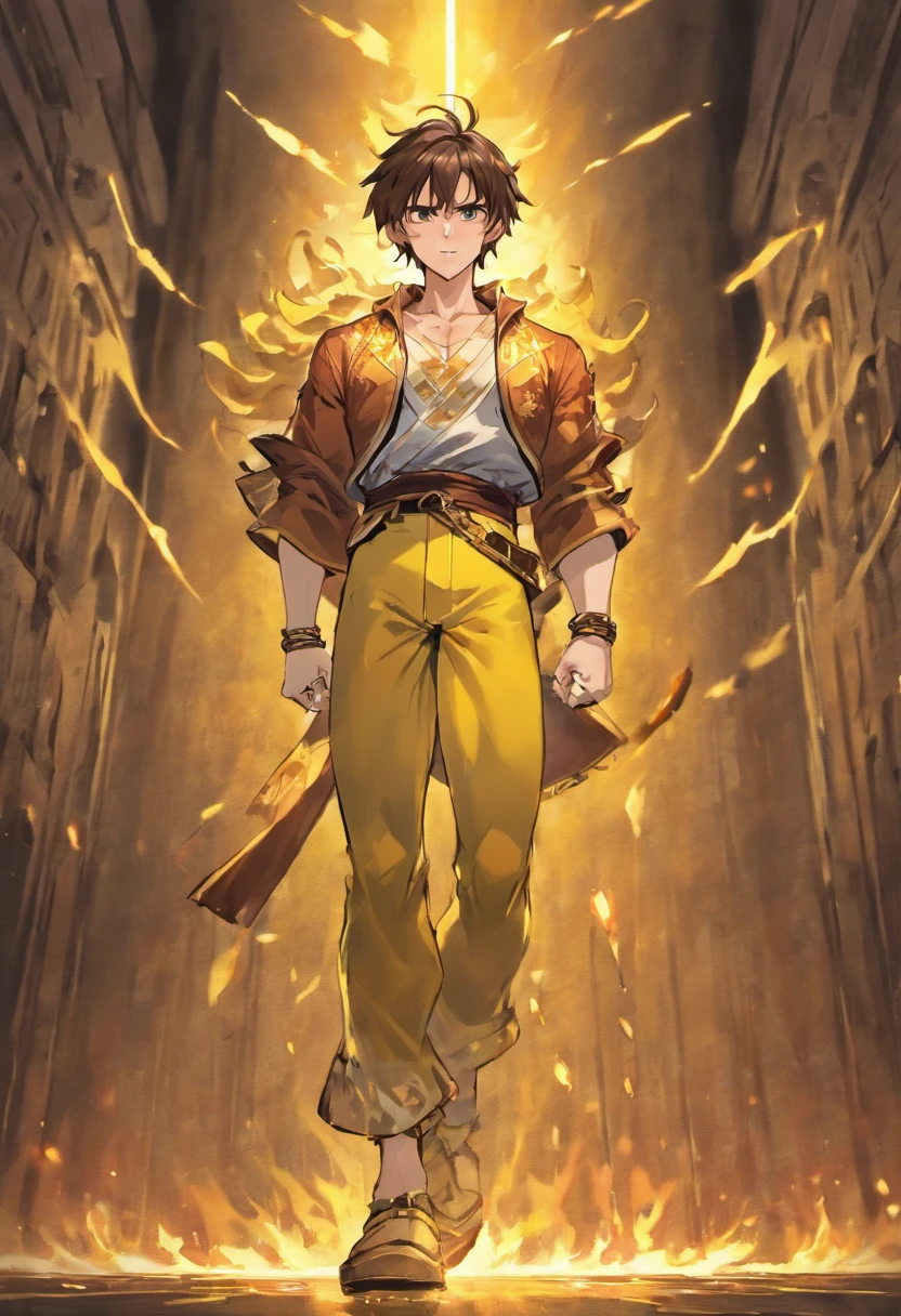 Muscular man, Alone, Holding a golden spear, Hair tied in a bun, Dark brown hair, A man who looks like a Chinese, ((Burnt yellow social shirt, Long white jeans)), black military boots, Smile, yellow eyes, Castle, Costume.