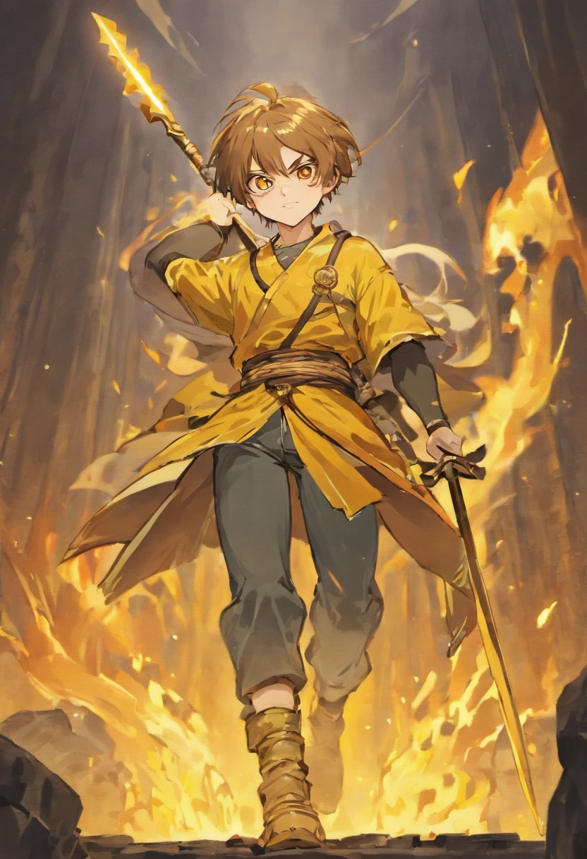 Muscular man, Alone, Holding a golden spear, Hair tied in a bun, Dark brown hair, A man who looks like a Chinese, ((Burnt yellow social shirt, Long white jeans)), black military boots, Smile, yellow eyes, Castle, Costume.