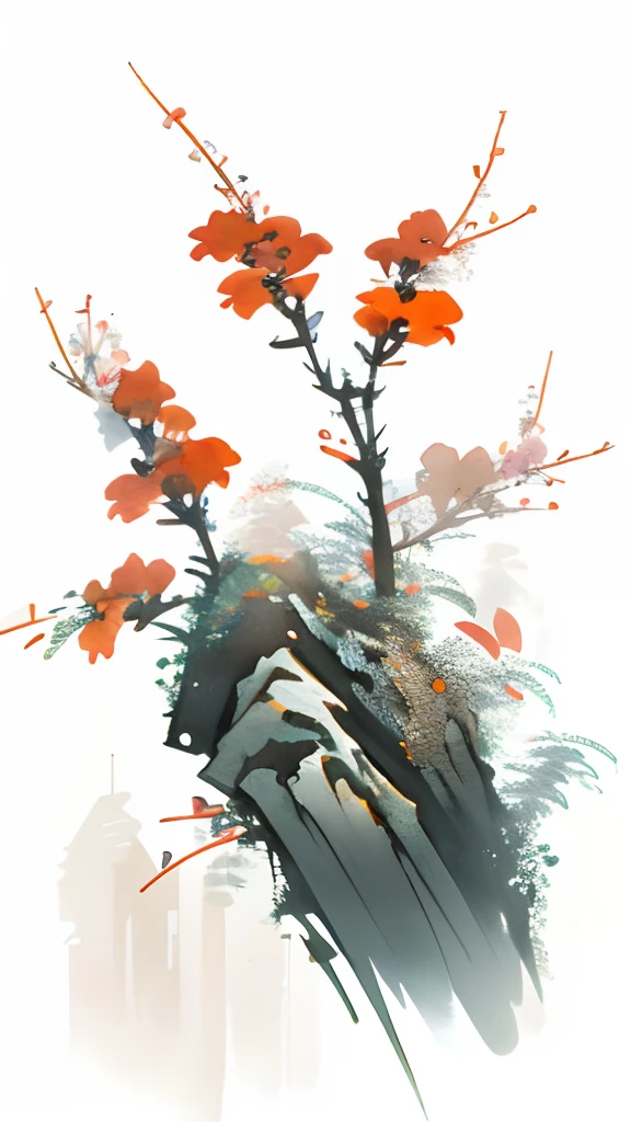 birds and flowers，[(White background:1.5)::5]，中景 the scene is，full bodyesbian，China-style，florals，stone fragment，Beautiful and delicate water，Wood grain