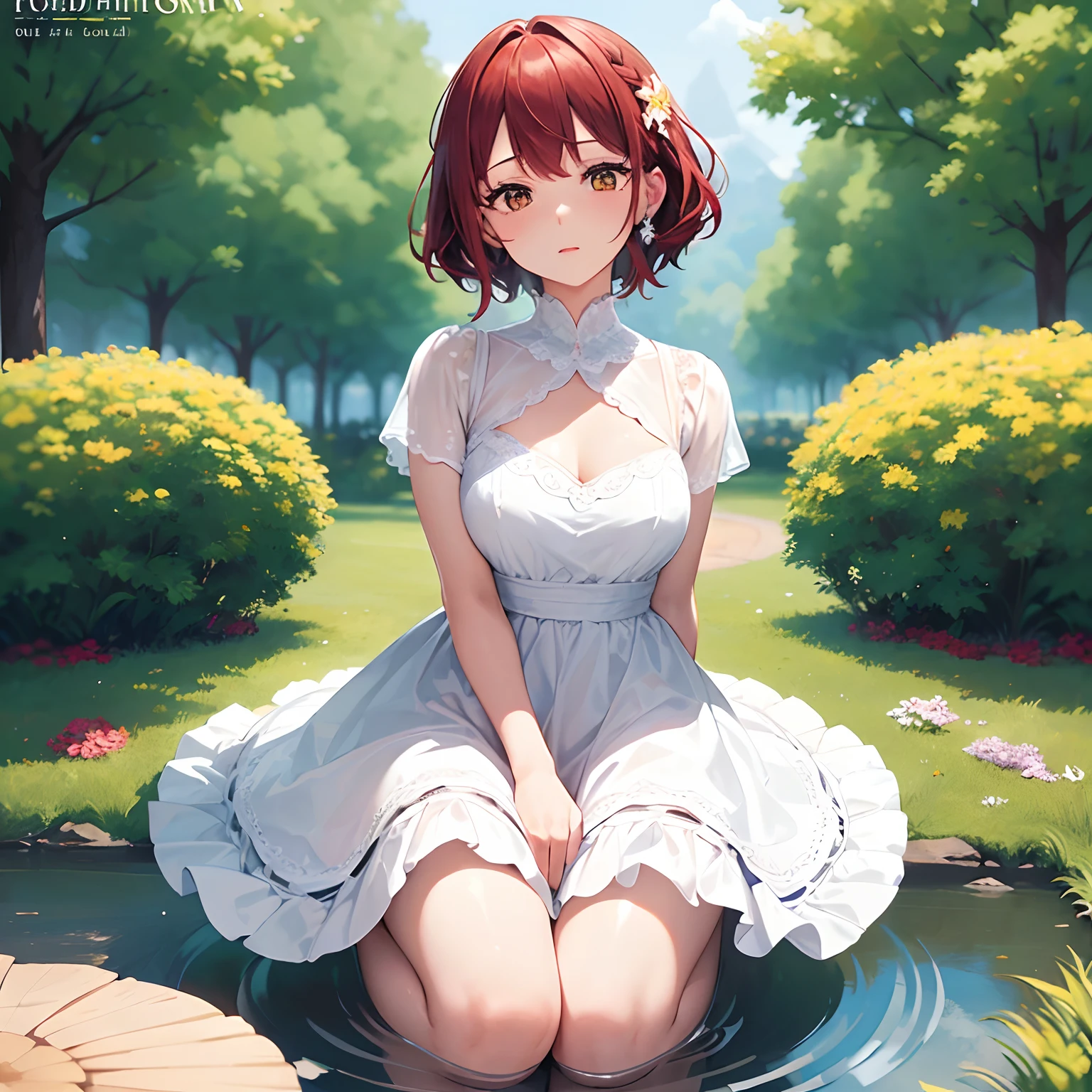 ((Best Quality, 8K, Masterpiece: 1.3)), {{Masterpiece}}, Illustration, Best Quality, Extremely Detailed CG Unity 8k wallpaper, 1girl_solo, full_body, from_top, looking_at_viewer, looking_up, (White pantyhose: 1.3),red hair,twintails,(exposed dress:1.3), hair_ribbon, Strong edge light, lake,flowers, rain, clothes splash,big breast,  sexy , mature,  (wet clothes:1.5),16 years old,Good figure,Sexy and charming woman,sitting,Collarbone,