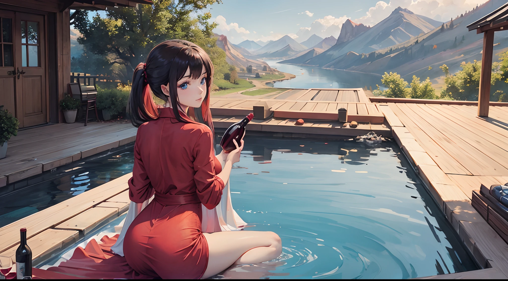 a beautiful lady , wearing a red dress , covering her body with a bed sheet , infinity pool , mountain , floating breakfast , a wine bottle , blue eyes