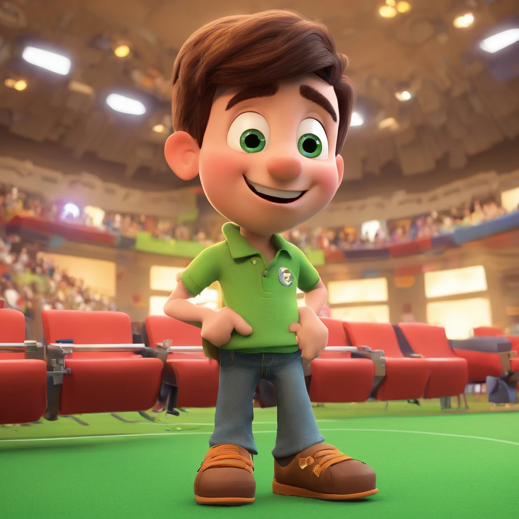 Generate a Pixar-style movie poster depicting a young man with the following attributes: short, straight dark blond hair, green eyes, a big nose, and prominent cheeks. He's wearing a polo shirt and is seen enthusiastically giving a lecture with a headset in a brightly lit auditorium. Ensure the image exudes the vibrant and captivating qualities of Pixar's artwork.