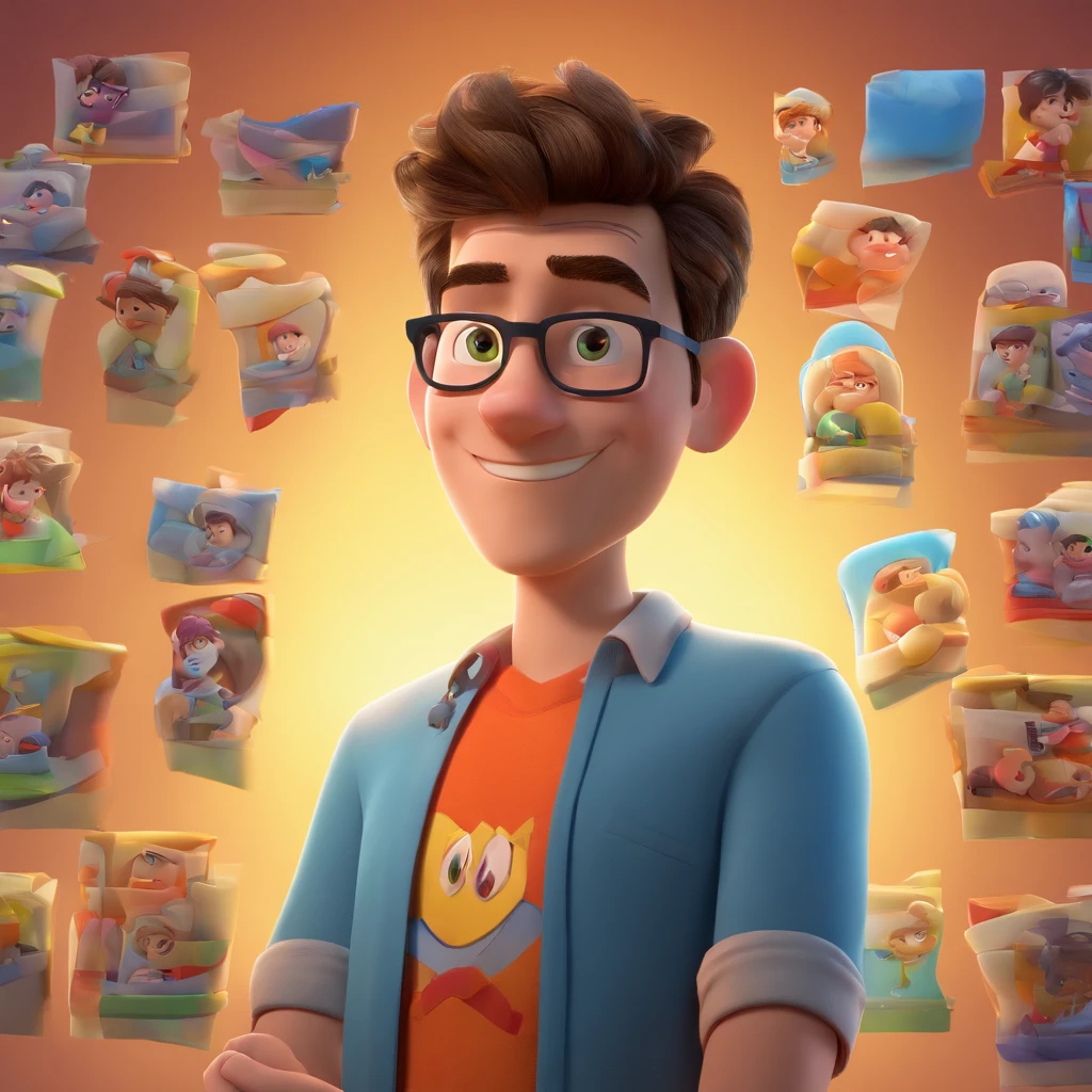 Generate a Pixar-style movie poster depicting a young man with the following attributes: short, straight dark blond hair, green eyes, a big nose, and prominent cheeks. He's wearing a polo shirt and is seen enthusiastically giving a lecture with a headset in a brightly lit auditorium. Ensure the image exudes the vibrant and captivating qualities of Pixar's artwork.
