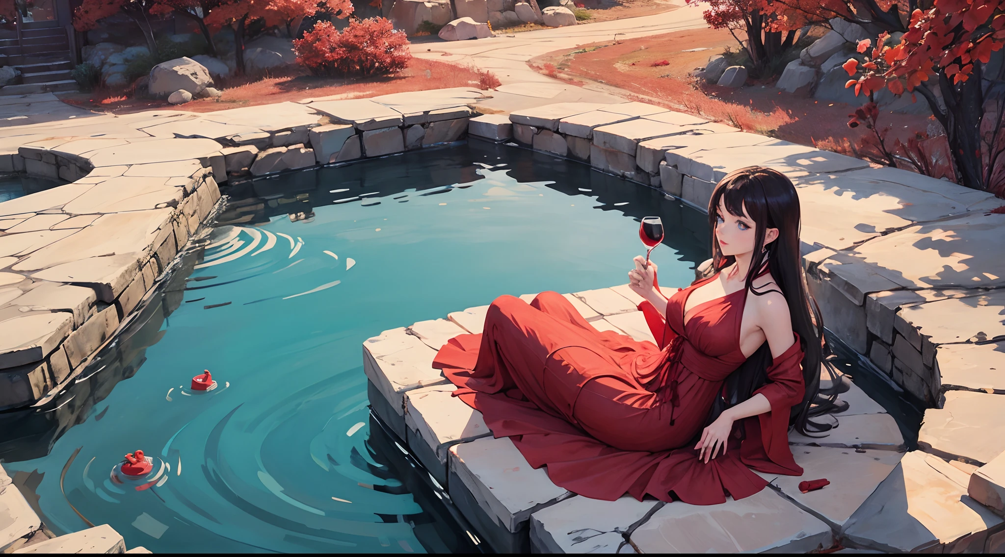 a beautiful lady , wearing a red dress , covering her body with a bed sheet , infinity pool , mountain , floating breakfast , a wine bottle , blue eyes