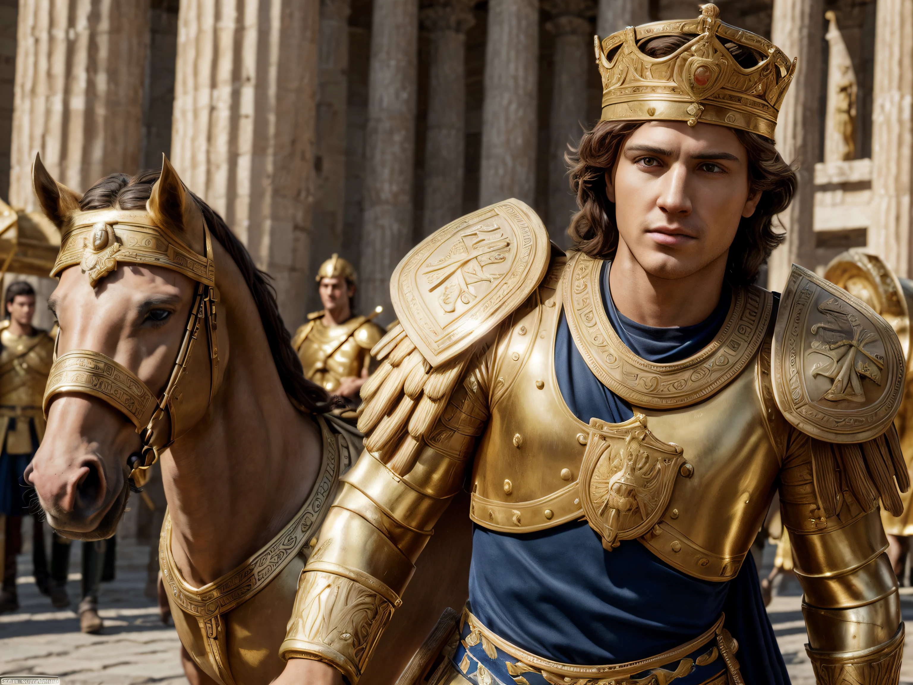 (best quality,4k,8k,highres,masterpiece:1.2),ultra-detailed,(realistic,photorealistic,photo-realistic:1.37), ALEXANDER THE GREAT, a young and powerful man, realistic greek style, wearing a golden crown, walking through the marketplace, escorted by 4 guards
