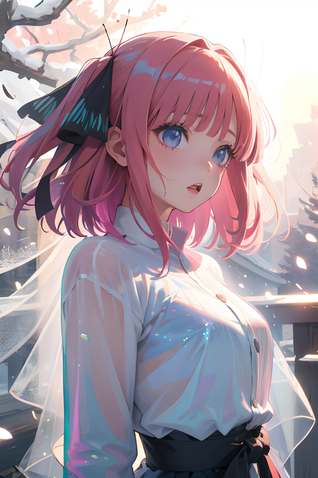 Official art, Unity 8k Wallpapers, ultra-detailliert, Beautifully Aesthetic, masterpiece, top-quality, realisitic, a closeup, Skindentation, interface, A detailed eye, A detailed face, detailed hairs, black backgrounds, straight-on, looking at the viewers, The sheen, Anime, highly detailed with reflections transparent iridescent opaque jacket, Long transparent iridescent RGB hair, 1girl in, Solo, fronds, Long hair, Blurry, Shirt, Parted lips, Outdoors, Floating hair, Long sleeves, White shirt, Bangs, Upper body, Open mouth, tusk, Brown eyes, Wind, Winters,Yuki,snowscape,Blurry background, day, depth of fields, bug,The Bride of Fifths,Jino Nakano,A pink-haired,short-hair,Sparkling eyes,Jewel-like eyes,