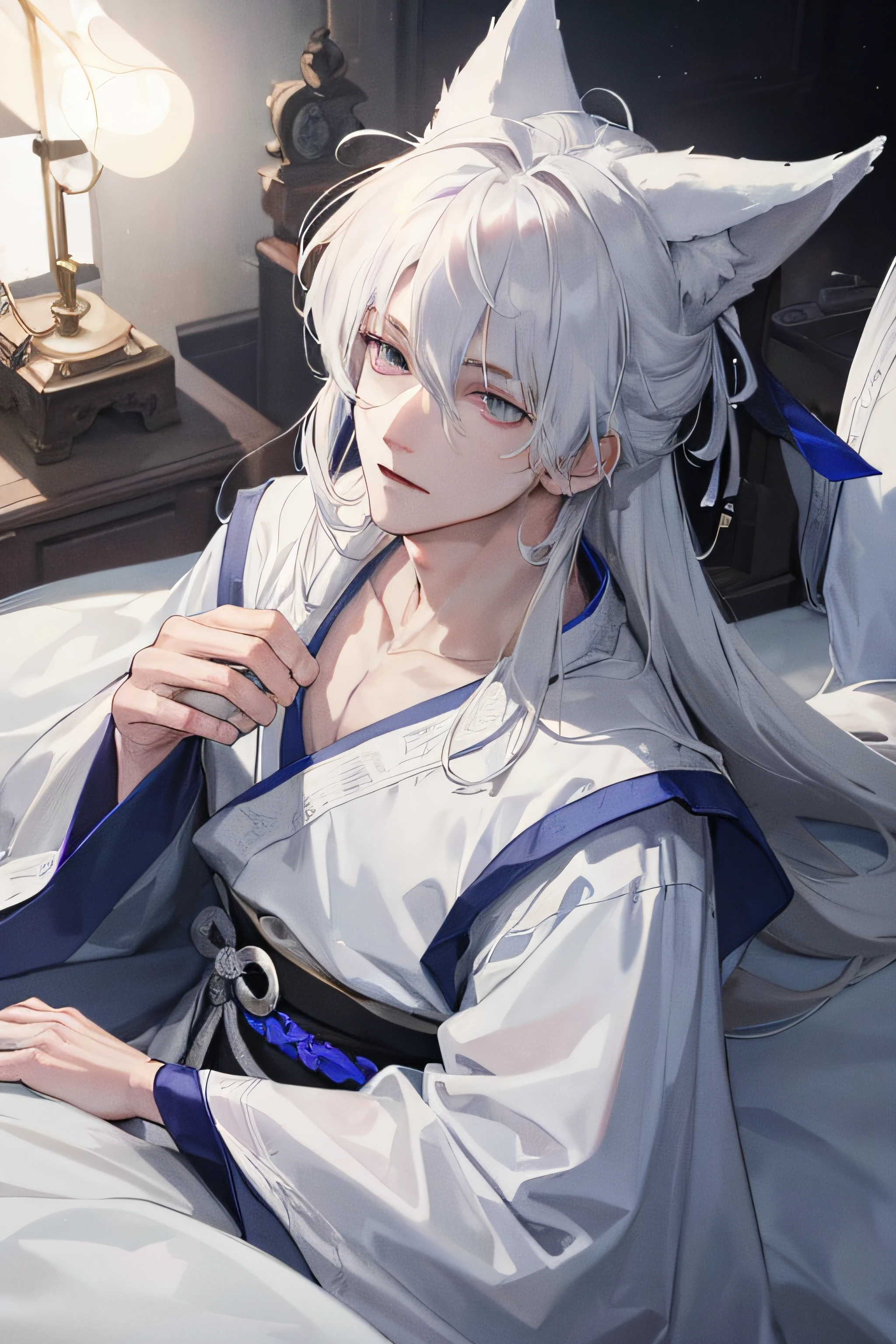 Masterpiece,Best quality,White-haired fox,fox ear,Blue and white Hanfu,Immortals,Gray eye, mature,Handsome,male people,on top of the bed,sleep,Loose hair and clothes,Comfortable nights,Exquisite facial details,Dark background,the night,a sense of atmosphere