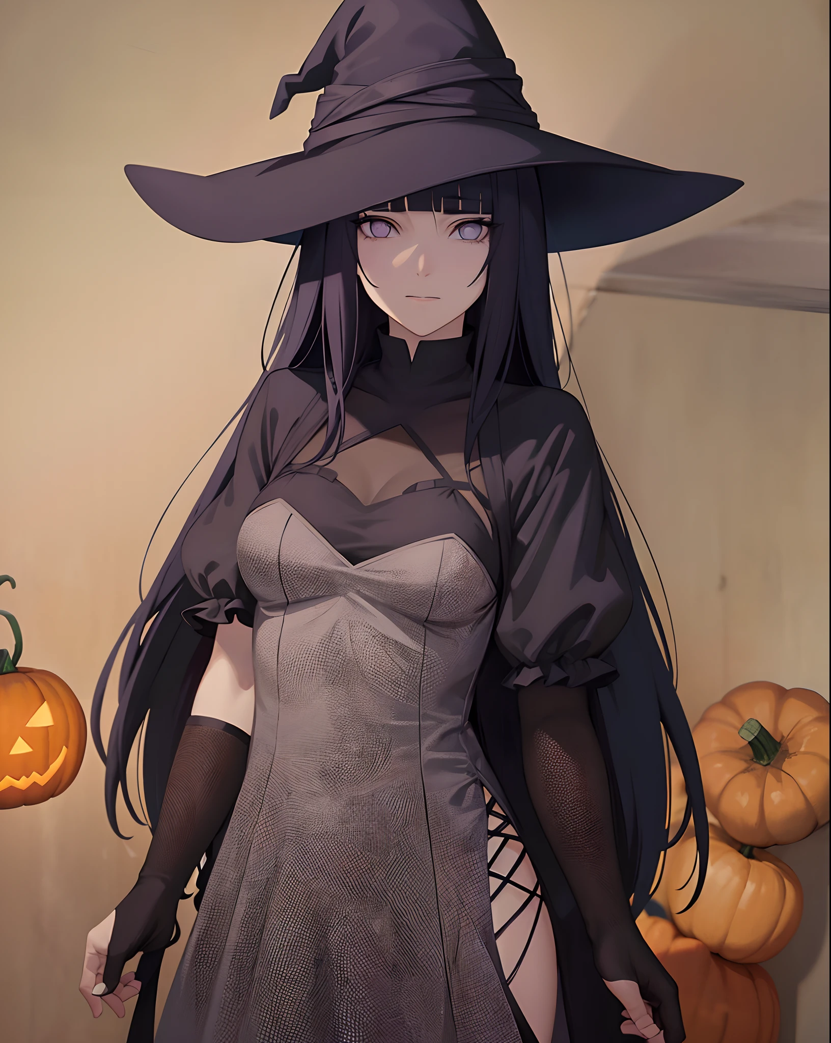 Hinata hyuga, halloween, gothic, black witchdress, long hair, witch hat, pumpkin, halloween night