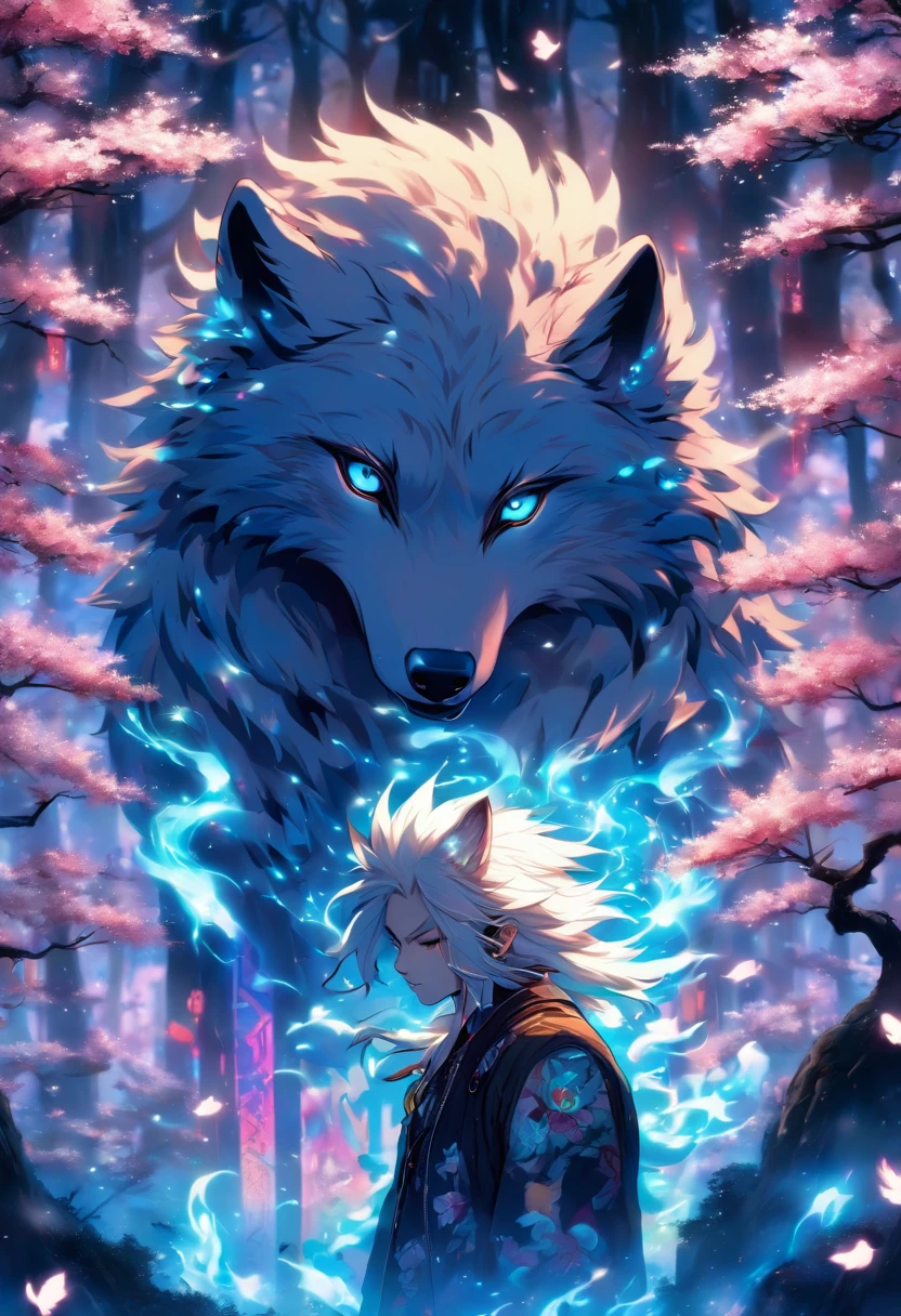 The most beautiful and enchanted wolf spirit, white hair, glowing blue eyes, tons of tattoos and piercings, in the most beautiful enchanted forest, graffiti and kanji elements in the background, cherry blossoms blowing in the wind, highly detailed, perfect masterpiece, high quality, high resolution