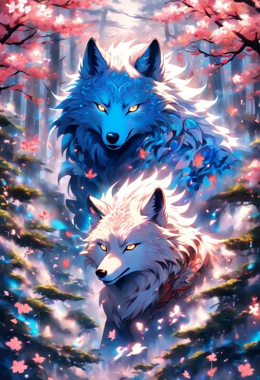 The most beautiful and enchanted wolf spirit, white hair, glowing blue eyes, tons of tattoos and piercings, in the most beautiful enchanted forest, graffiti and kanji elements in the background, cherry blossoms blowing in the wind, highly detailed, perfect masterpiece, high quality, high resolution