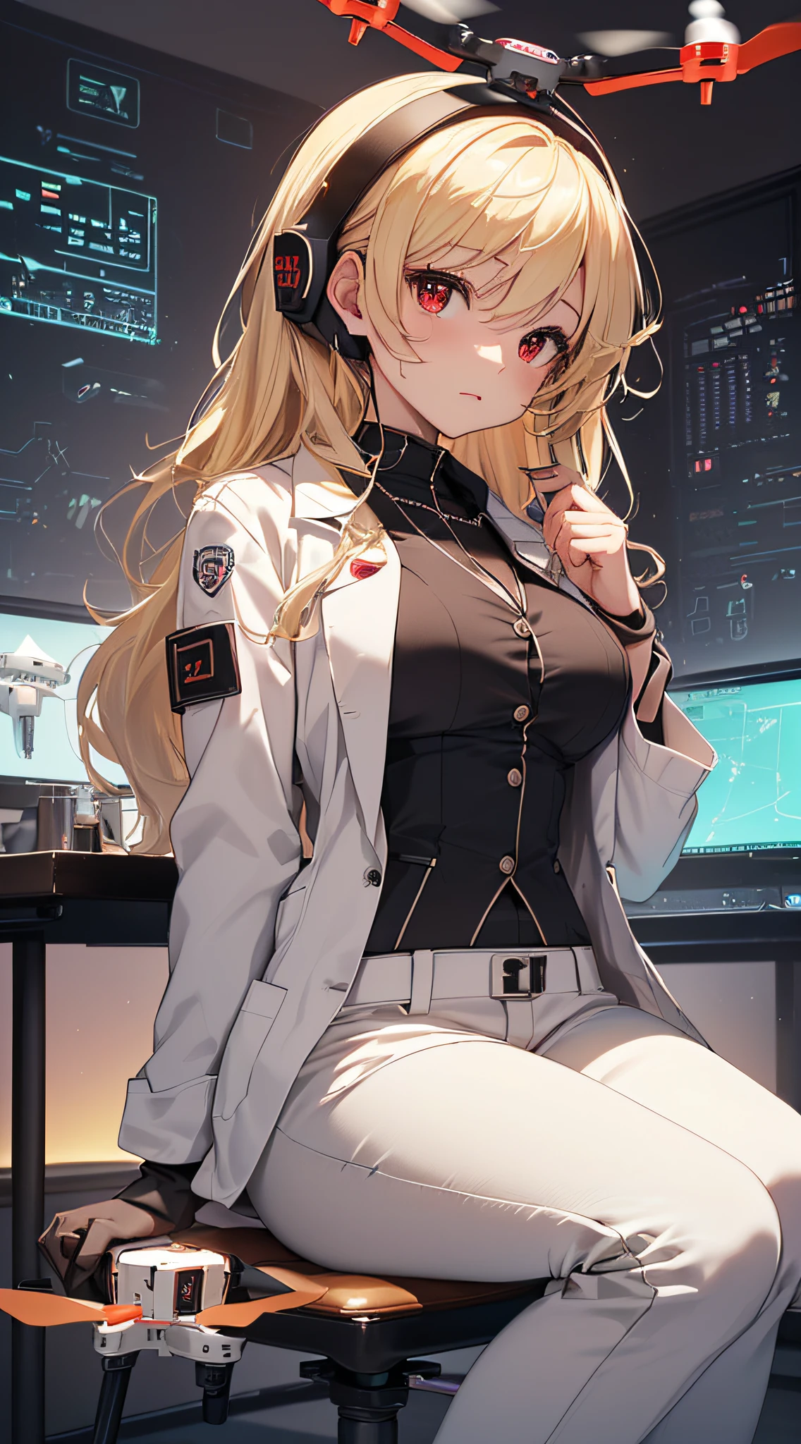 top-quality、Top image quality、masterpiece、girl with((cute little、18year old、Best Bust、Medium bust、Bust 85,Red eyes to issue、Breasts wide open,Valley、Blonde long hair、A slender、Outerwear lab coat、Black Y-shirt with open buttons、White pants、holding coffee cup、sit a chair)hiquality、Beautiful Art、Background with((Cyber Laboratories,Many flying drones、darkened room)),Depth((20Video Monitor))masutepiece、Elaborate design、visualart、depth of fields、