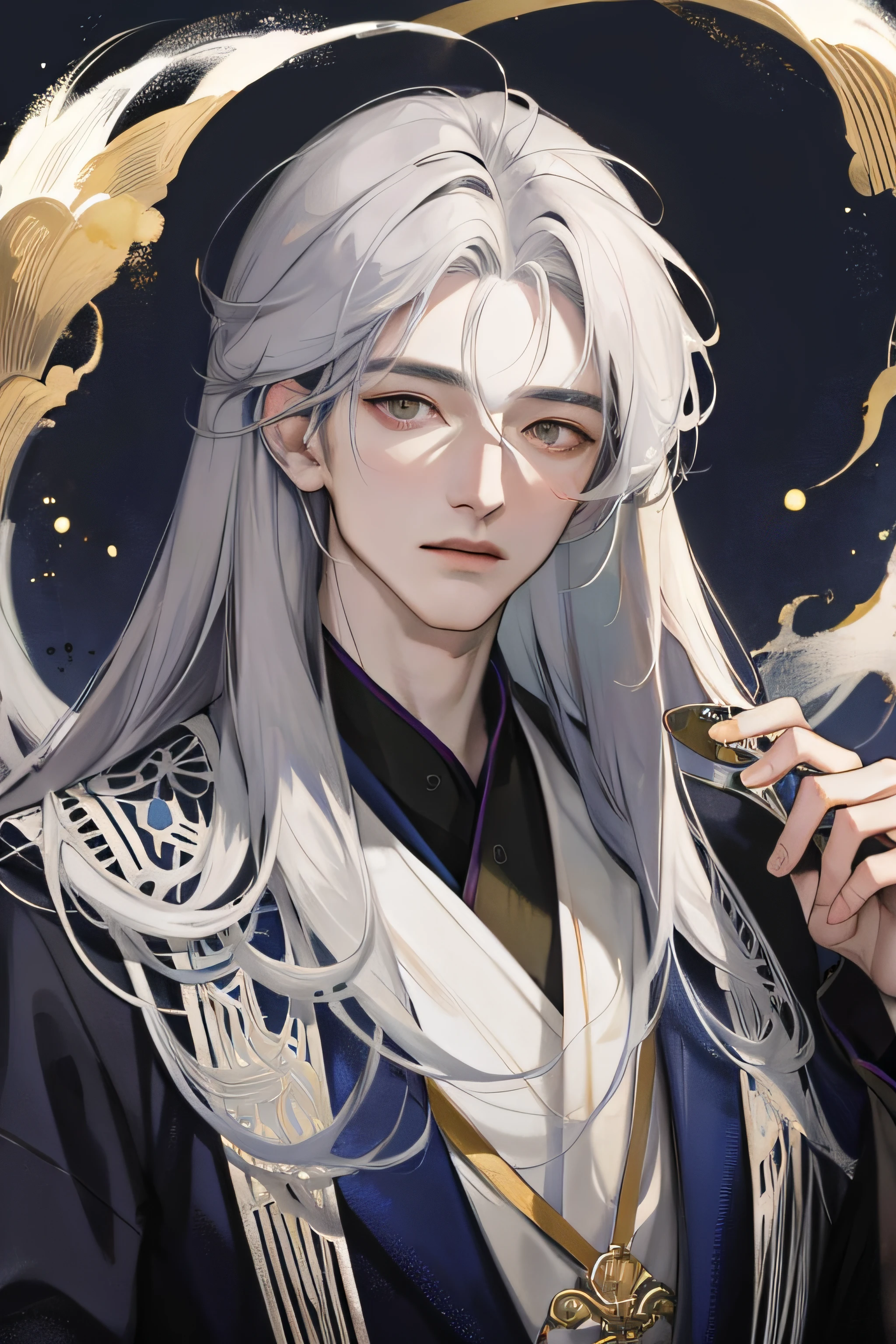 Masterpiece, Best quality, Night, full moon,Exquisite facial details, 1 man, Mature man, Chinese style, fox ear,Ancient China, Gray hair like spring, Golden eyes, Split ends of hair, Long hair, Long bangs, Handsome, Handsome, Masculine, gentle, Tall, calm, Mixed white and blue clothing, Dark background, fox tails,Fox element, in wonderland