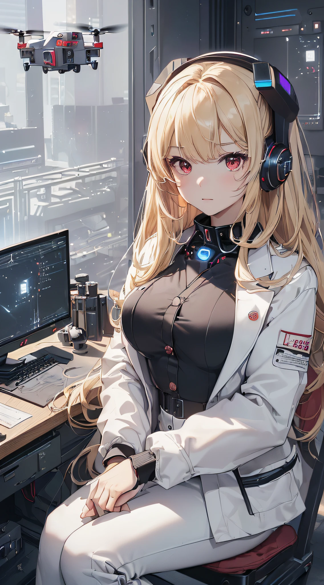 top-quality、Top image quality、masterpiece、girl with((cute little、18year old、Best Bust、Medium bust、Bust 85,Red eyes to issue、Breasts wide open,Valley、Blonde long hair、A slender、Outerwear lab coat、Black Y-shirt with open buttons、White pants、holding coffee cup、sit a chair)hiquality、Beautiful Art、Background with((Cyber Laboratories,Many flying drones、darkened room)),Depth((20Video Monitor))masutepiece、Elaborate design、visualart、depth of fields、