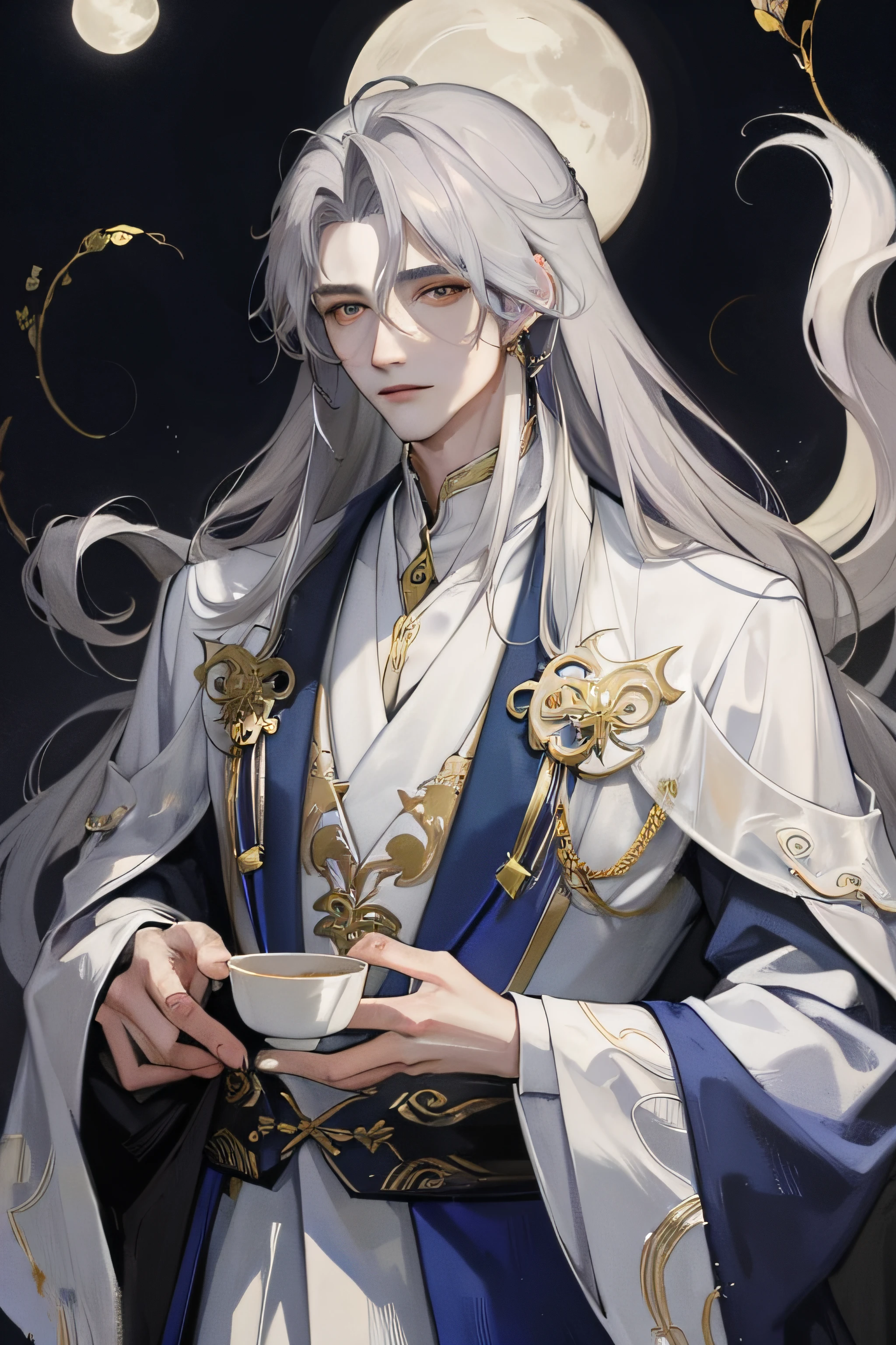 Masterpiece, Best quality, Night, full moon,Exquisite facial details， 1 man, Mature man, Chinese style, fox ear，Ancient China, Gray hair like spring, Golden eyes, Split ends of hair, Long hair, Long bangs, Handsome, Handsome, Masculine, gentle, Tall, calm, Mixed white and blue clothing, Dark background, fox tails，Fox element,  in wonderland