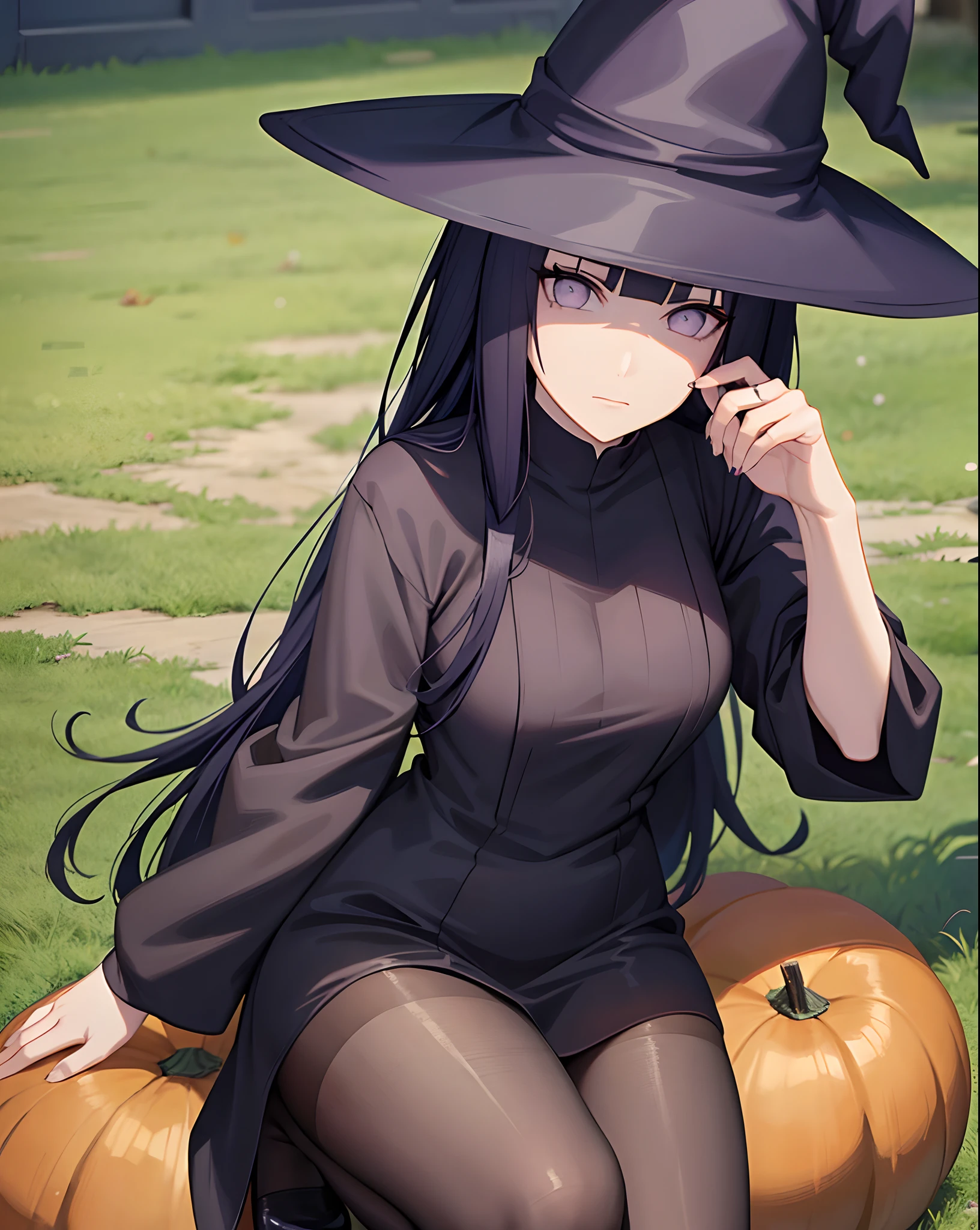 Hinata hyuga, halloween, gothic, black dress, long hair, witch hat, pumpkin