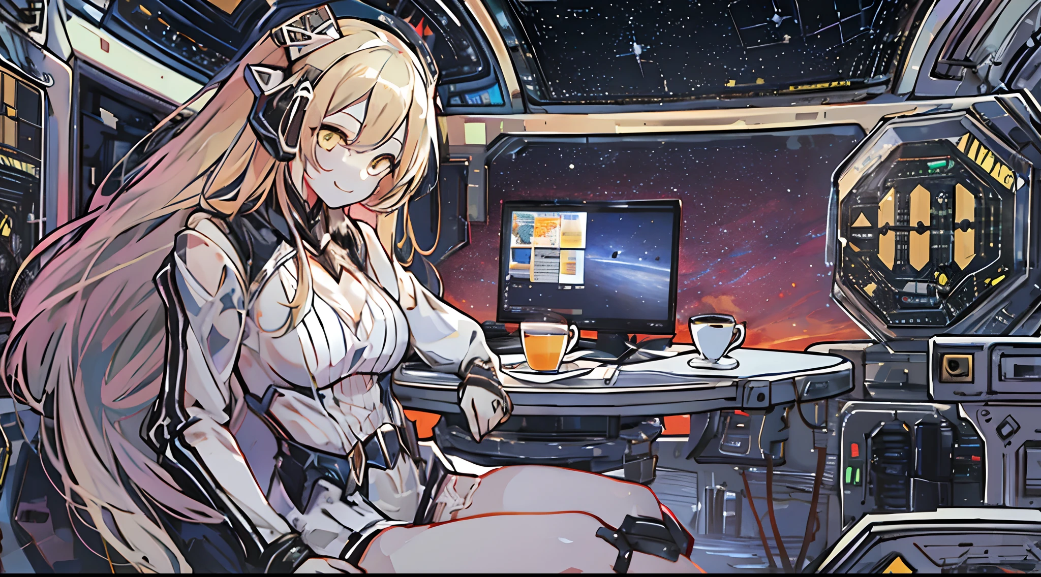 dreamer(girls frontline), 1girl, breasts, solo, black hair, yellow eyes, long hair, sangvis ferri, hair between eyes, medium breasts, android, black dress, pale skin, very long hair, detached sleeves, sitting on the chair, drinking coffee, inside of space station while looking at the stars outside in the background, peaceful, high res, ultrasharp, 8K, masterpiece, smiling warmly