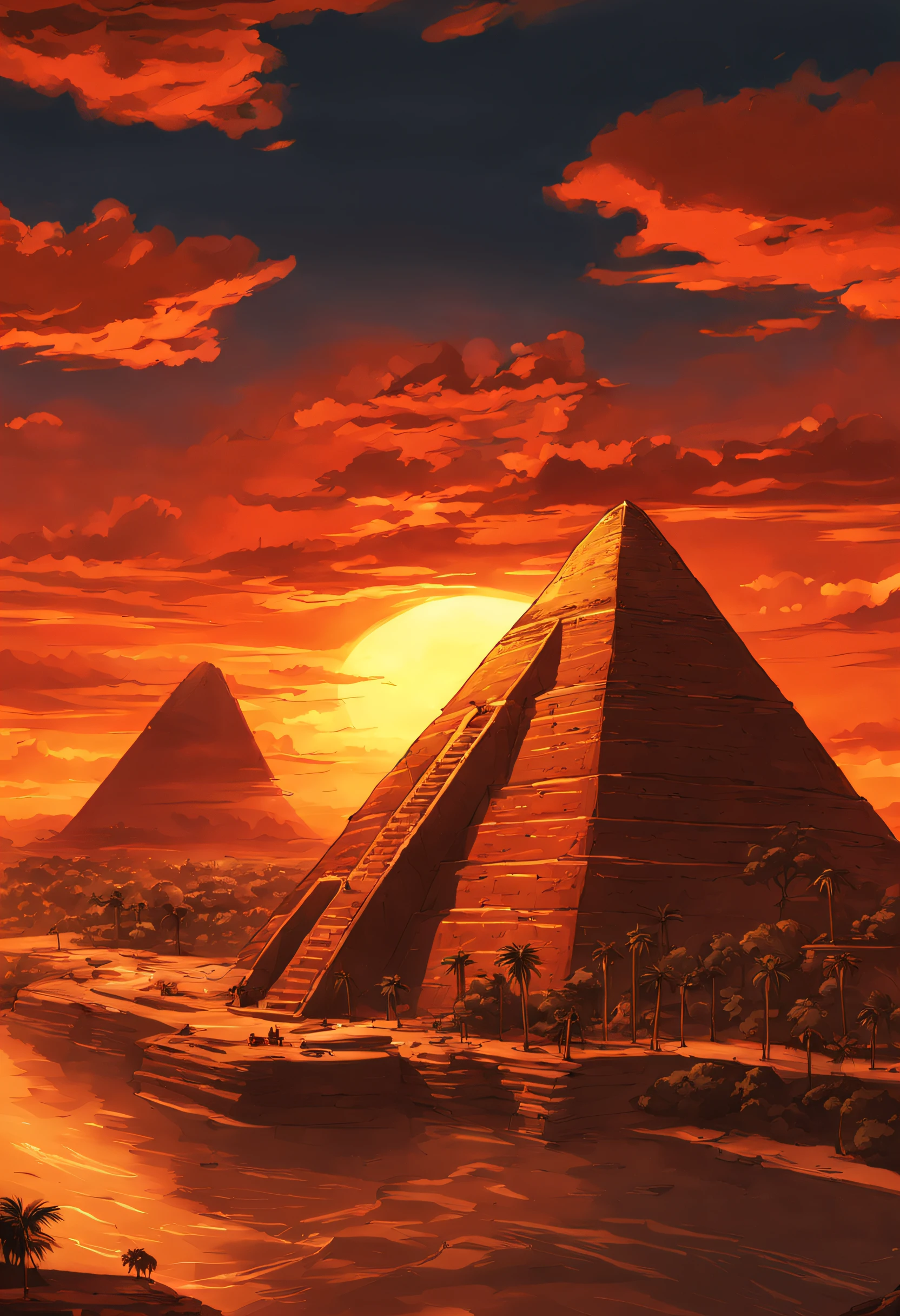 No horizonte, The sun sets in shades of orange and red, iluminando as nuvens e o rio Nilo. Ao longe, You can see the pyramids and the temples, Witnesses to Pharaoh's Greatness. imagem estilo anime