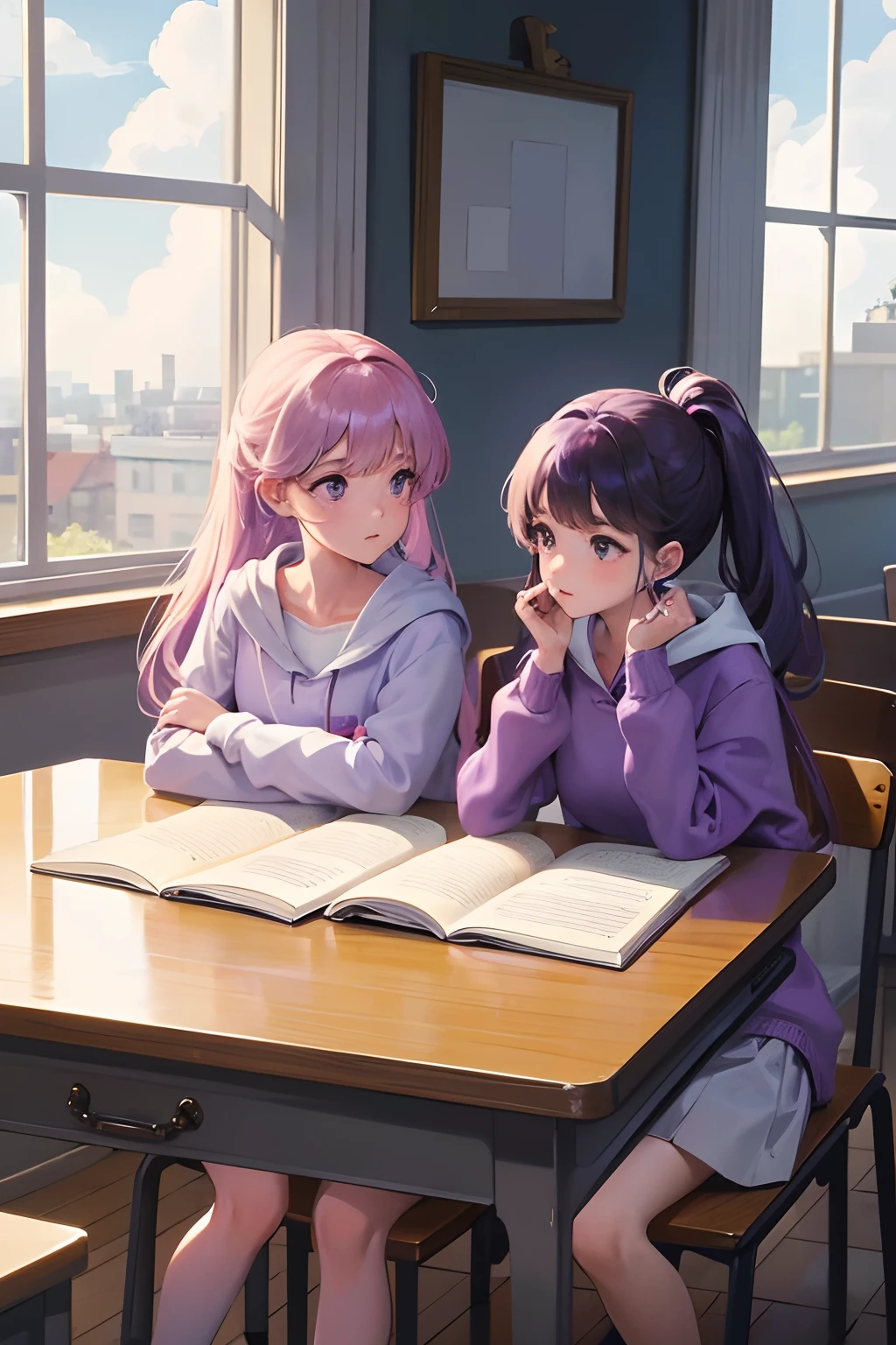 ‎Classroom，Set up the table，There are two girls，One was wearing a white sweatshirt，One wearing a purple dress，The girl in the purple dress looked out the window，The girl in the white sweatshirt looks at the book，An illustration on a book，The illustration shows a dog