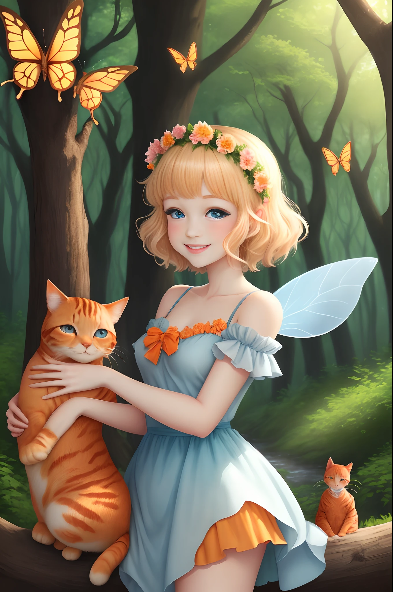a princess fairy with blond short hair and blue eyes. she smiles and waves while hugging an orange cat. she is wearing a flower crown. butterflies fly around. the forest is in the background. she is in a tree