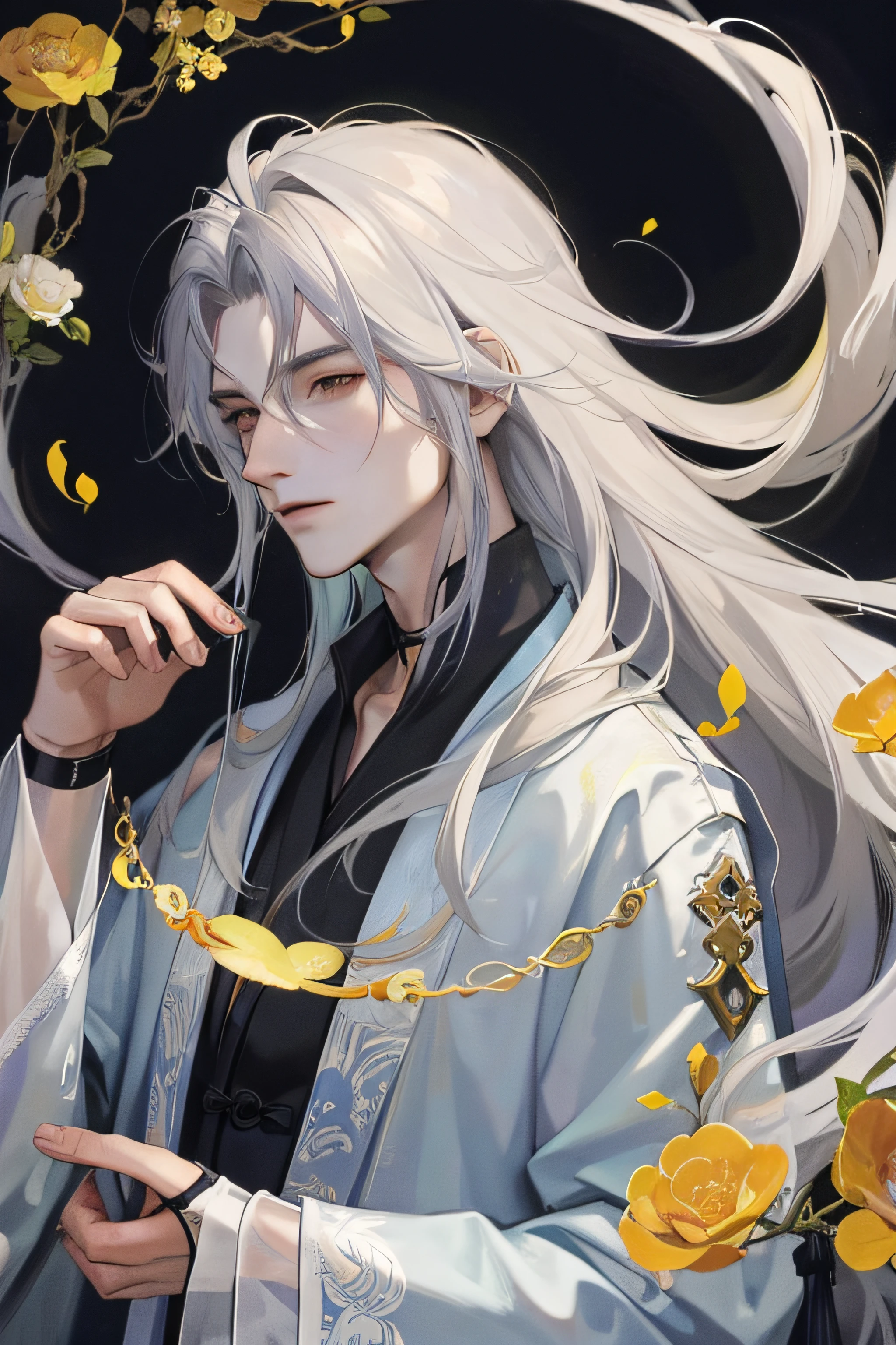 Masterpiece, Best quality, Night, full moon,Exquisite facial details， 1 man, Mature man, Chinese style, fox ear，Ancient China, Gray hair like spring, Golden eyes, Split ends of hair, Long hair, Long bangs, Handsome, Handsome, Masculine, gentle, Tall, calm, Mixed white and blue clothing, Dark background, fox tails，Fox element,  in wonderland