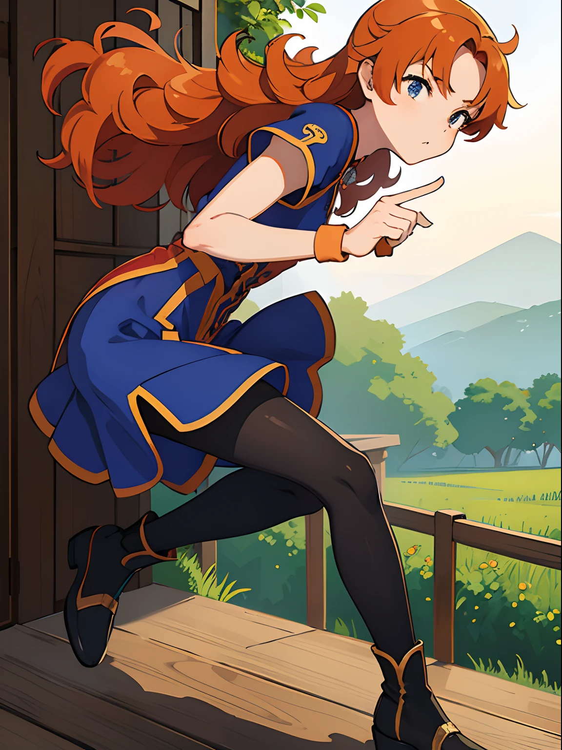 1girl in、hight resolution、​masterpiece、Maribel、A slender、Short stature、Curly hair、Orange hair、Blue cheongsam、Black_pantyhose、Attacking with your feet、Highkick、Fighting、plein air