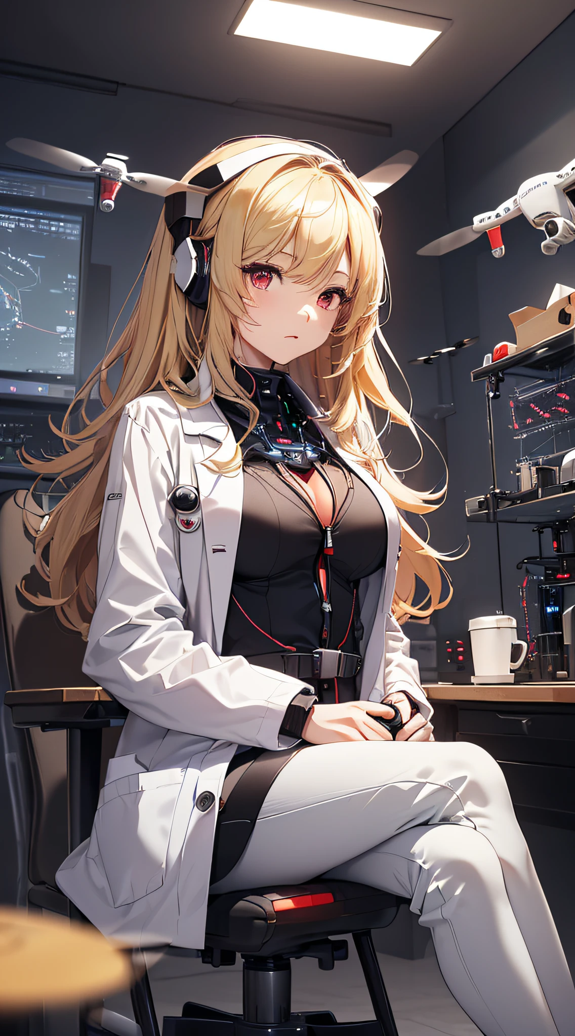 top-quality、Top image quality、masterpiece、girl with((cute little、18year old、Best Bust、Medium bust、Bust 85,Red eyes to issue、Breasts wide open,Valley、Blonde long hair、A slender、Outerwear lab coat、Black Y shirt with open buttons、White pants、holding coffee cup、sit a chair)hiquality、Beautiful Art、Background with((Cyber Laboratories,Many flying drones、darkened room)),Depth((20Video monitor))masutepiece、Elaborate design、visualart、depth of fields、