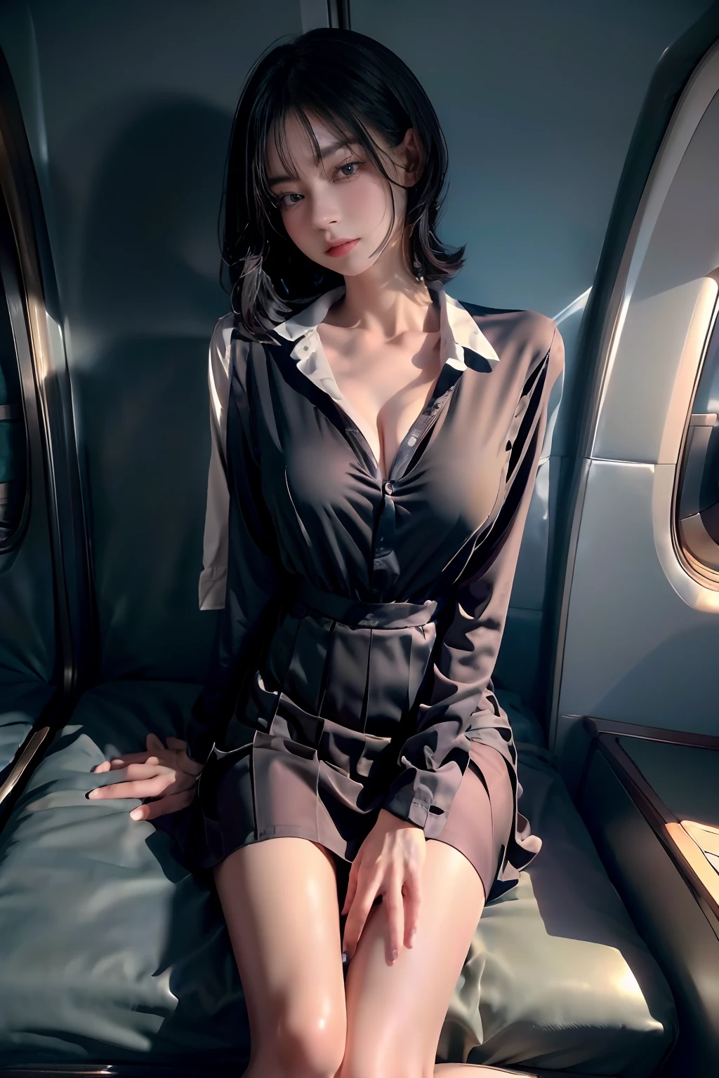 (1 The ultimate beautiful mature woman), com rosto detalhado, Detailed lips, Detailed eyes, 二重まぶた, black bob hair, (flightattendantuniform:1.2), (Large full breasts), (Big breasts Thin waist), (ssmile), thighs thighs thighs thighs, (standing), Perfect fit, Perfect image realism, Background with: (On a luxury plane:1.3), (Cowboy shot), Meticulous background with, detailed costume, Perfect lighting, Hyper-realism, (Photorealsitic:1.4), 8K maximum resolution, (tmasterpiece), Highly detailed, Sit down professionally，squatt，Spread your legs apart，Expose the genitals，Open clothes，flightattendantuniform