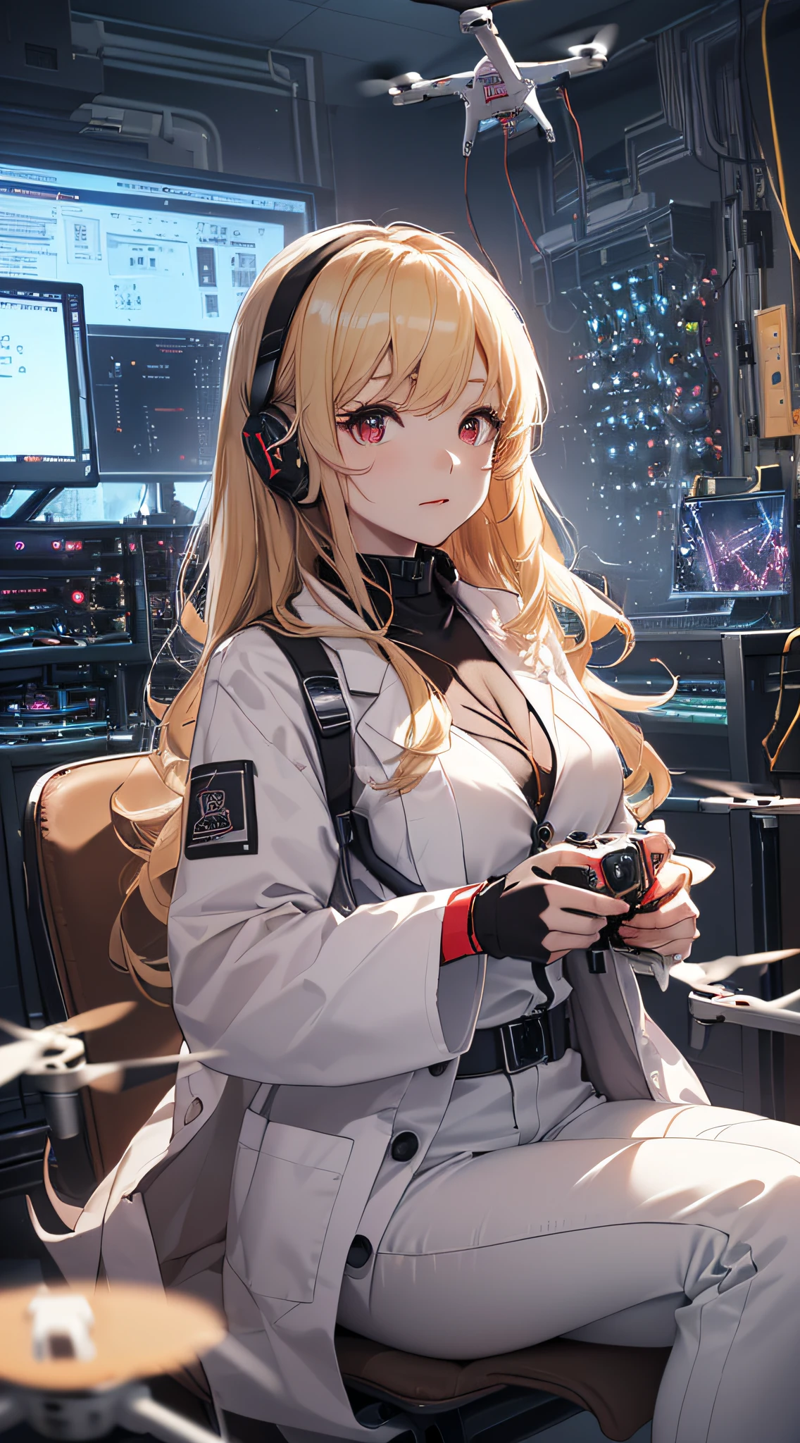 top-quality、Top image quality、​masterpiece、girl with((cute little、18year old、Best Bust、Medium bust、Bust 85,Red eyes to issue、Breasts wide open,Valley、Blonde long hair、A slender、Outerwear lab coat、Black Y shirt with open buttons、White pants、holding coffee cup、sit a chair）hiquality、Beautiful Art、Background with((Cyber Laboratories,Many flying drones、darkened room)),Depth((２０Video monitor))masutepiece、Elaborate design、visualart、depth of fields、