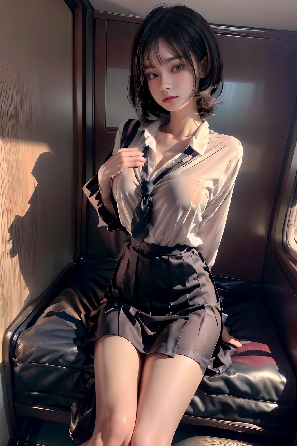 (1 The ultimate beautiful mature woman), com rosto detalhado, Detailed lips, Detailed eyes, 二重まぶた, black bob hair, (flightattendantuniform:1.2), (Large full breasts), (Big breasts Thin waist), (ssmile), thighs thighs thighs thighs, (standing), Perfect fit, Perfect image realism, Background with: (On a luxury plane:1.3), (Cowboy shot), Meticulous background with, detailed costume, Perfect lighting, Hyper-realism, (Photorealsitic:1.4), 8K maximum resolution, (tmasterpiece), Highly detailed, Sit down professionally,squatt,Spread your legs apart,Expose the genitals,Open clothes,flightattendantuniform