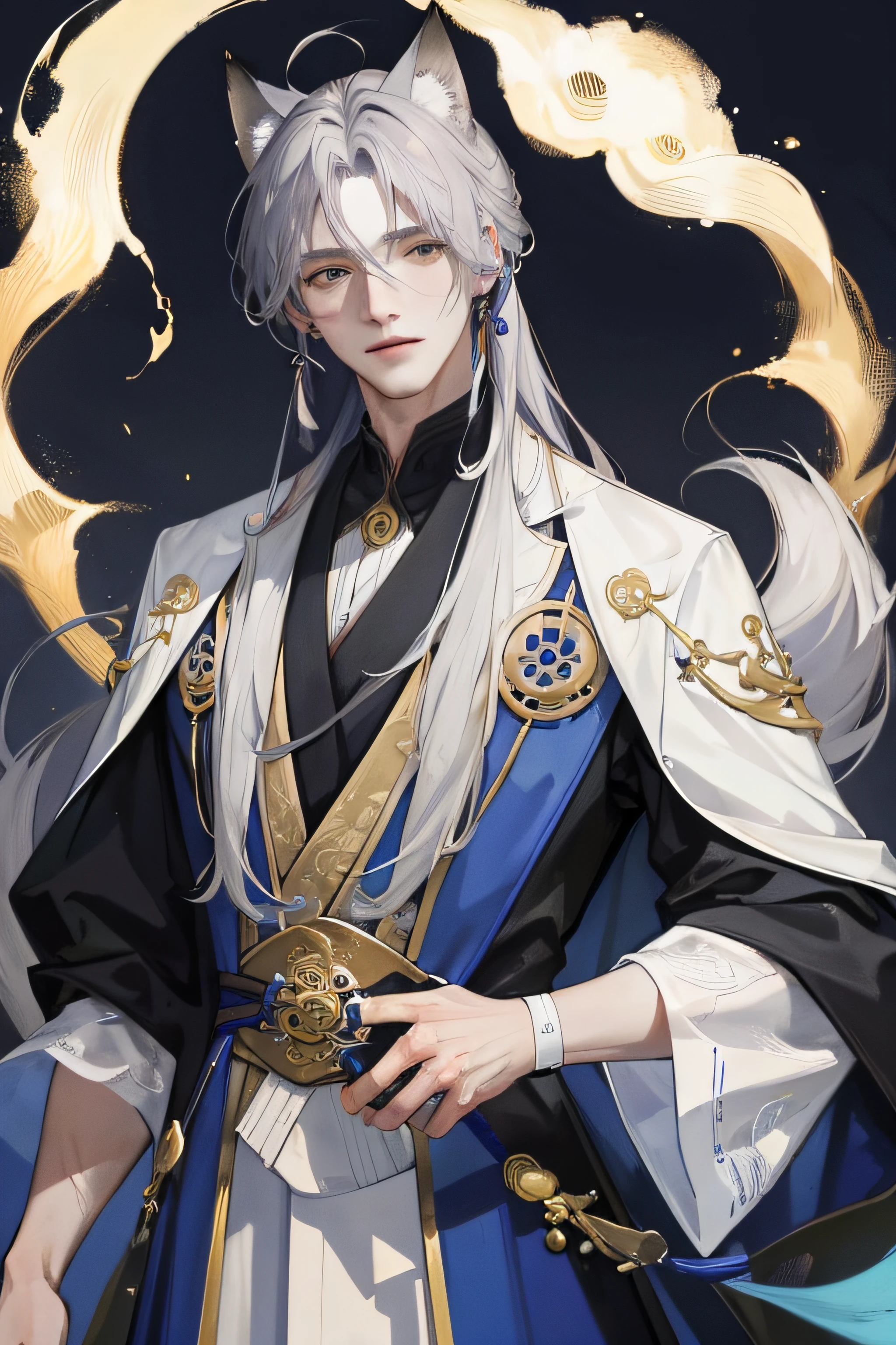 Masterpiece, Best quality, Night, full moon,Exquisite facial details, 1 man, Mature man, Chinese style, fox ear,Ancient China, Gray hair like spring, Golden eyes, Split ends of hair, Long hair, Long bangs, Handsome, Handsome, Masculine, gentle, Tall, calm, Mixed white and blue clothing, Dark background, fox tails,Fox element, in wonderland