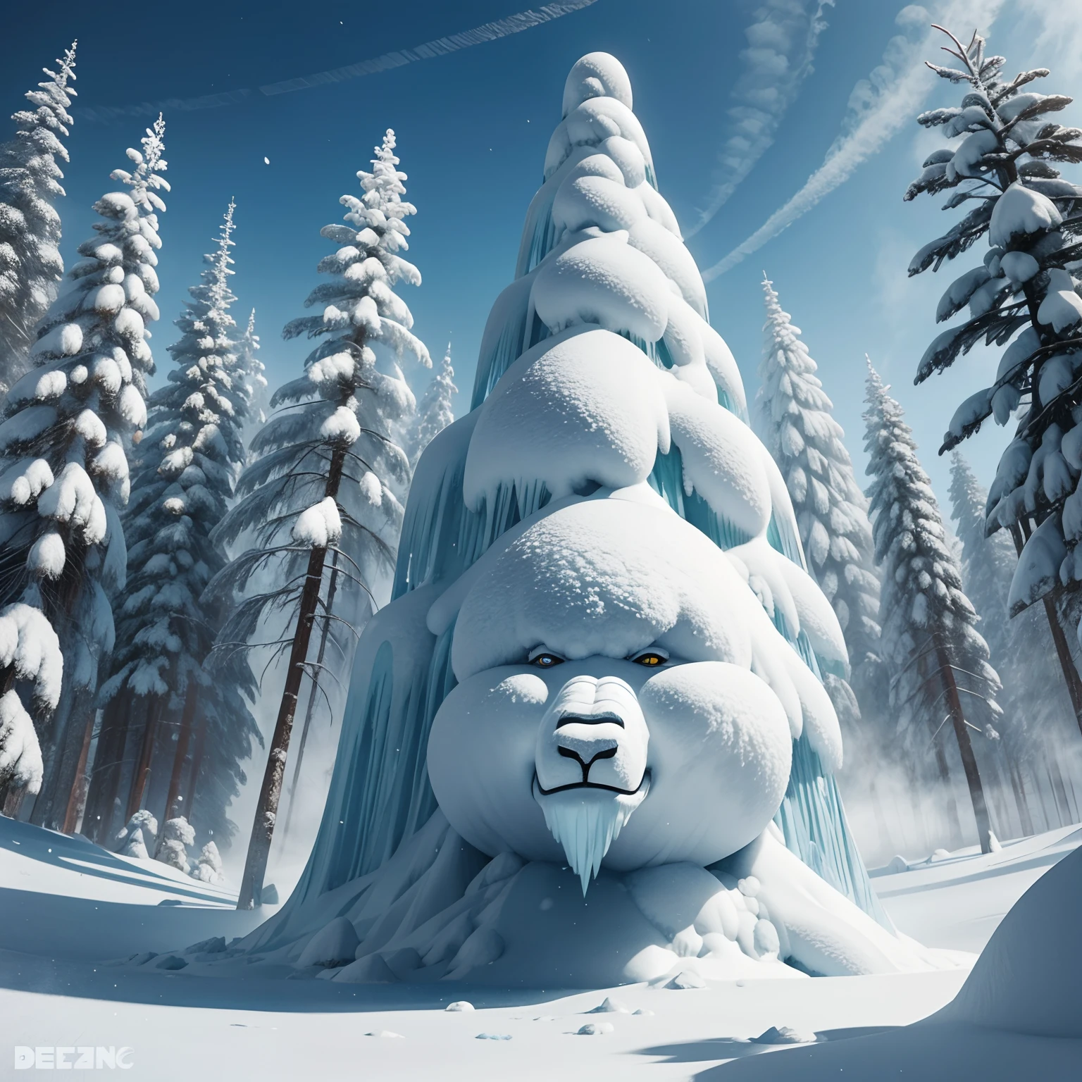 the mystery of Yeti, rime ice, deep forest, comic style