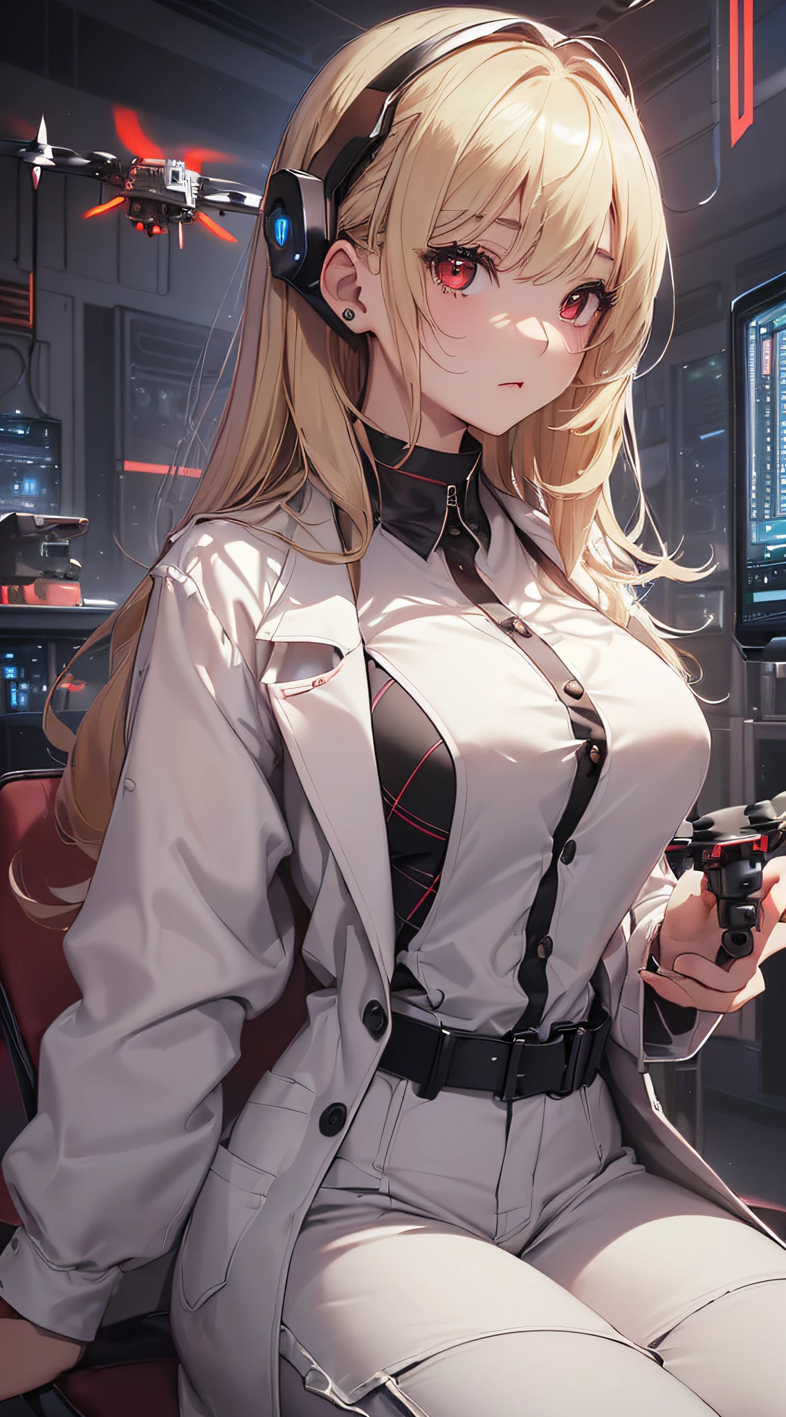 top-quality、Top image quality、​masterpiece、girl with((cute little、18year old、Best Bust、Medium bust、Bust 85,Red eyes to issue、Breasts wide open,Valley、Blonde long hair、A slender、Outerwear lab coat、Black Y-shirt with open buttons、White pants、holding coffee cup、sit a chair、Large valleys）hiquality、Beautiful Art、Background with((Cyber Laboratories,Many flying drones、darkened room)),Depth((２０Video monitor))masutepiece、Elaborate design、visualart、depth of fields、