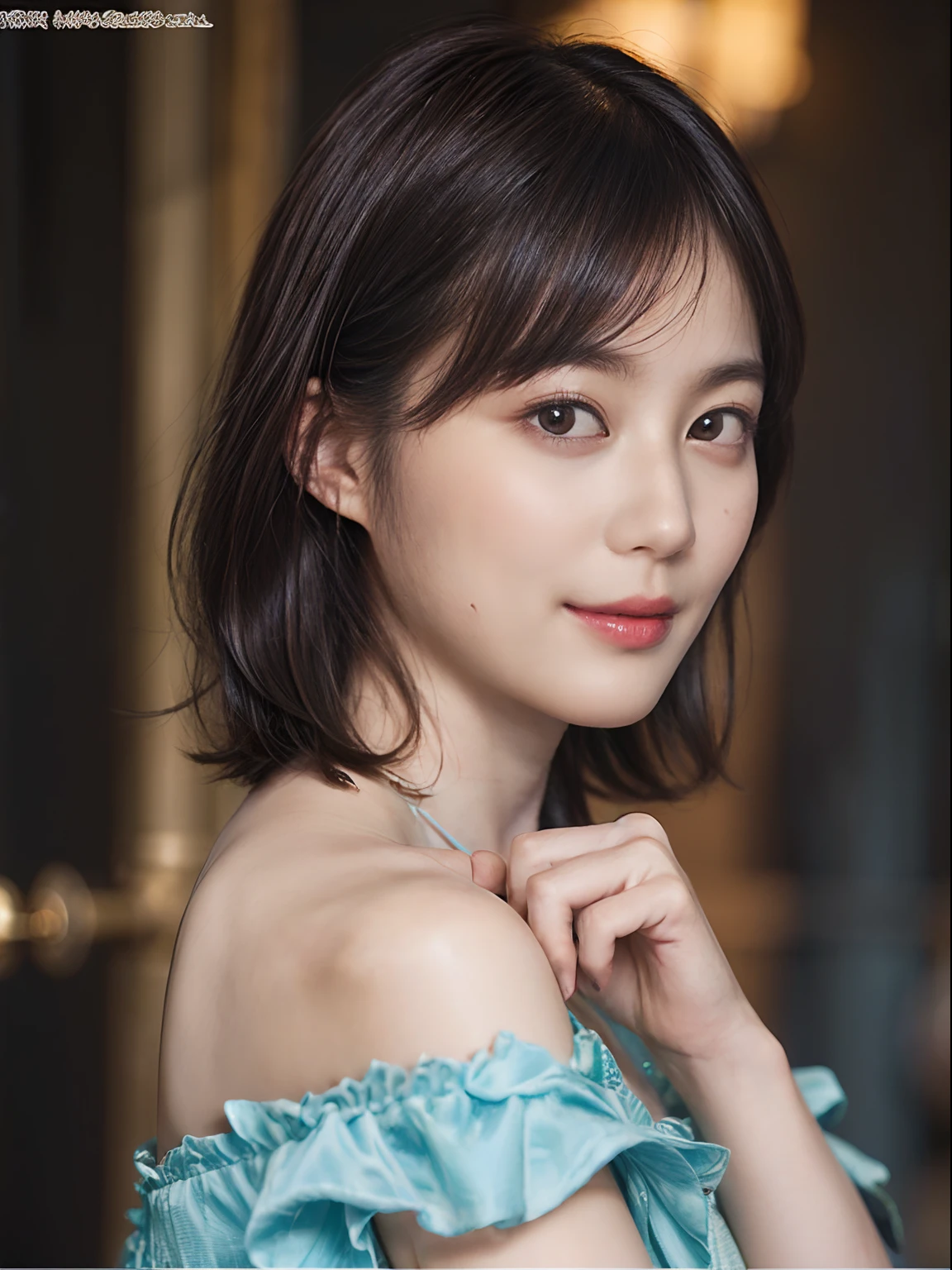 70
(20-year-old princess,is standing), (A hyper-realistic), (masutepiece), ((A dark-haired、short-hair:1.3)), (Silky hair), (Breast:0.8), (kindly smile:0.7), lipsticks, Luxurious dresses, Majestic Palace