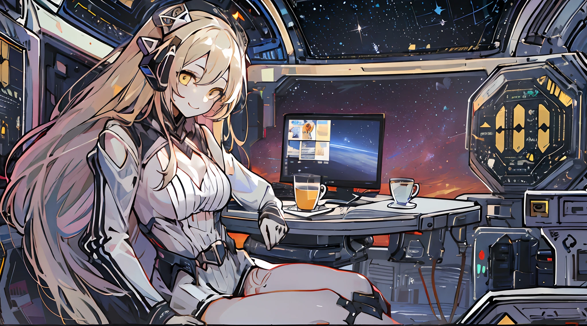 dreamer(girls frontline), 1girl, breasts, solo, black hair, yellow eyes, long hair, sangvis ferri, hair between eyes, medium breasts, android, black dress, pale skin, very long hair, detached sleeves, sitting on the chair, drinking coffee, inside of space station while looking at the stars outside in the background, peaceful, high res, ultrasharp, 8K, masterpiece, smiling warmly