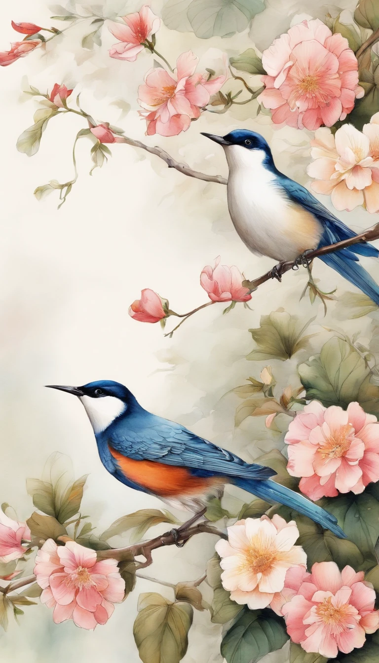 Birds and flowers, japan manga style, sketching, Watercolor color.