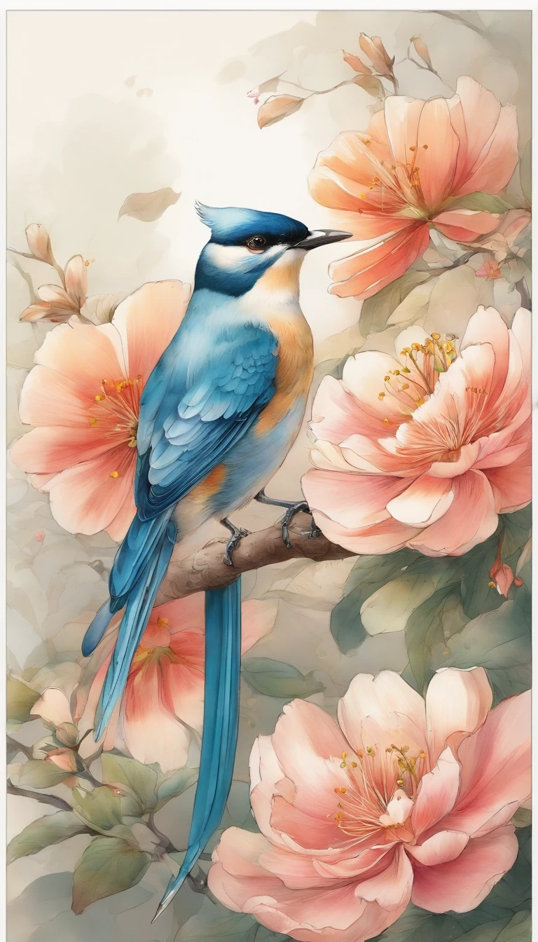 Birds and flowers, japan manga style, sketching, Watercolor color.