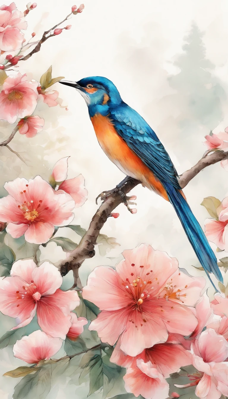 Birds and flowers, japan manga style, sketching, Watercolor color.