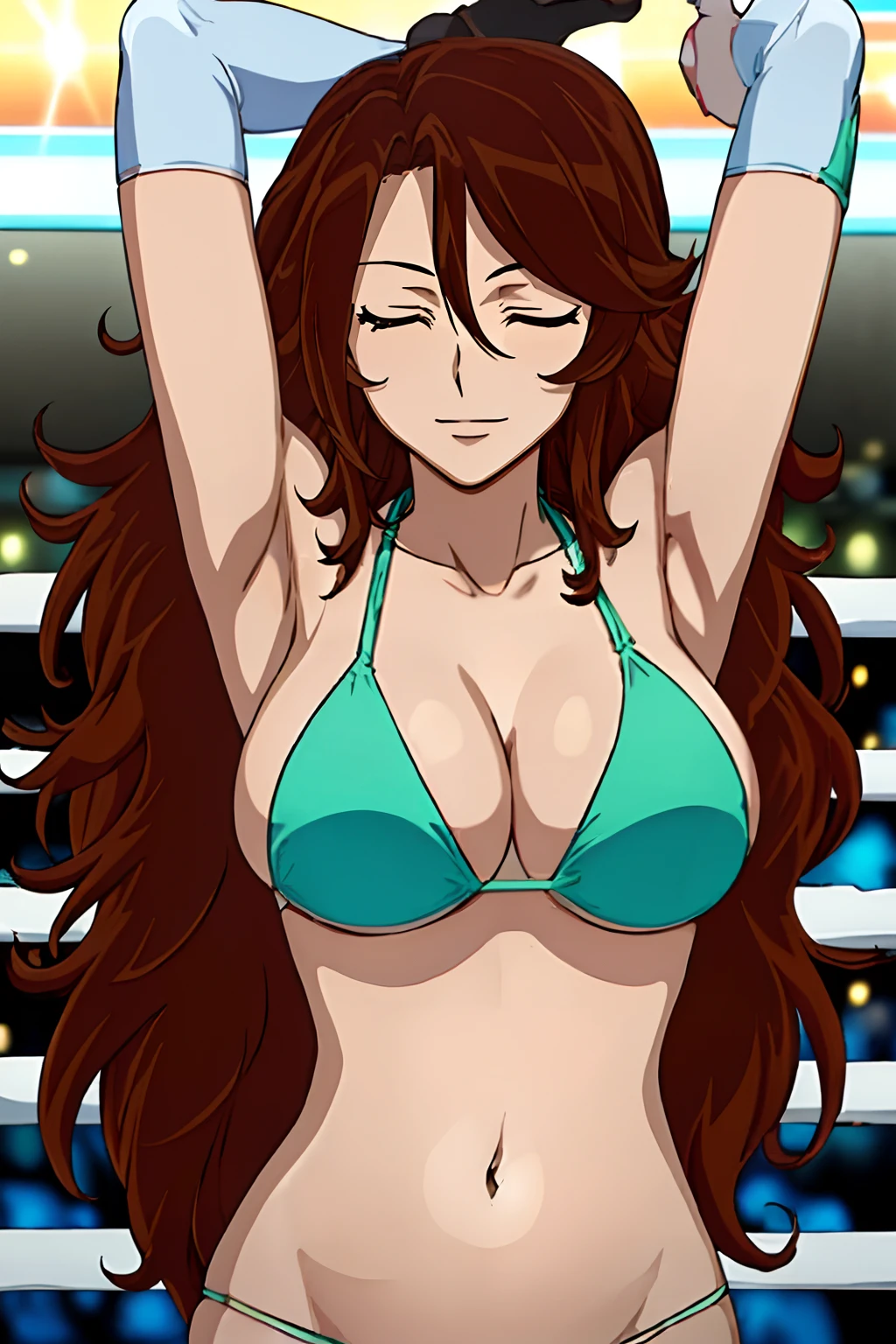 hug, Elegant lady, (upper body only), anime style: 1.8, anime drawing, ultra detailed face, ultra detailed body, 4k, Sumergai Lee Noriega, (sleeping down on arena, closed eyes), best quality, anime style, hires, highest definition, digital blending, bold drawing lines, ((wwe diva), (location: wrestling arena, crowds watching), ( slim body, (little biceps), , off-shoulders, closed fists, (curvy: 2.8)), ((TORN bikini , white gloves, collar, armpit protector, (chaps))), victorious, winner, gentle, (pale skin, shiny skin, very big breasts, smile), (big eyes, brown eyes), (clapping), (brown hair, loose hair, curly hair, wavy hair, long hair, missy hair), 27 years old,
