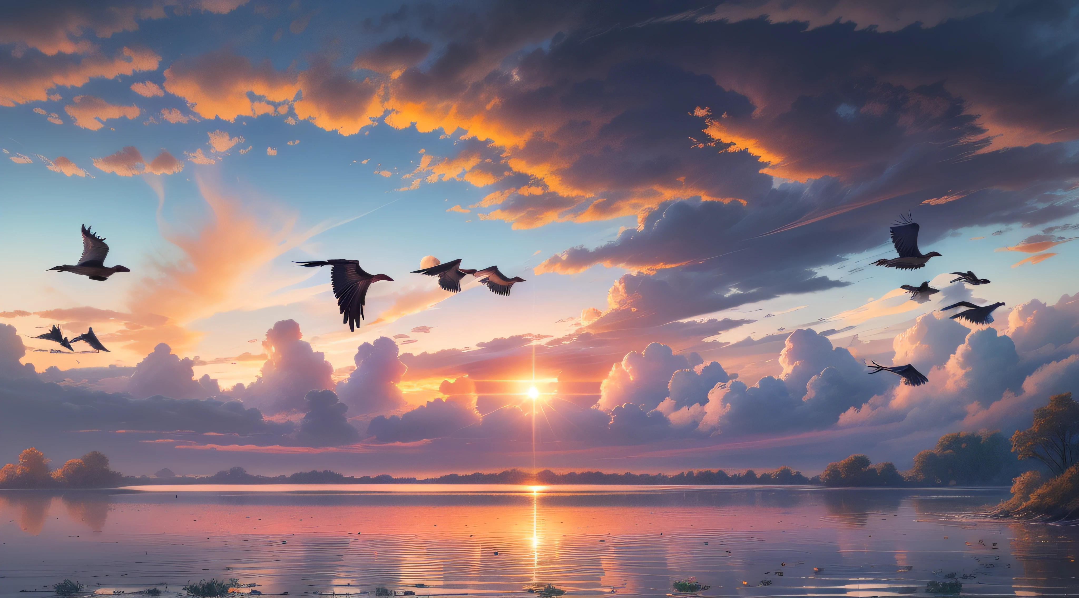 A flock of wild geese flying in the sky, A serene and far-reaching picture:and as the sun sets, Reflect her colorful light from the bottom up into the sky,It's like thousands of pillars of light, Dress up the myriad clouds that dot the western sky even more colorfully;Lonely mallards flying in the sunset, Complements the colorful glow。in fall, the river water and the vast sky are connected, It's all the same。, Super detail, Award-Awarded, 16k, Best quality, High details, High quality, A high resolution, Masterpiece
