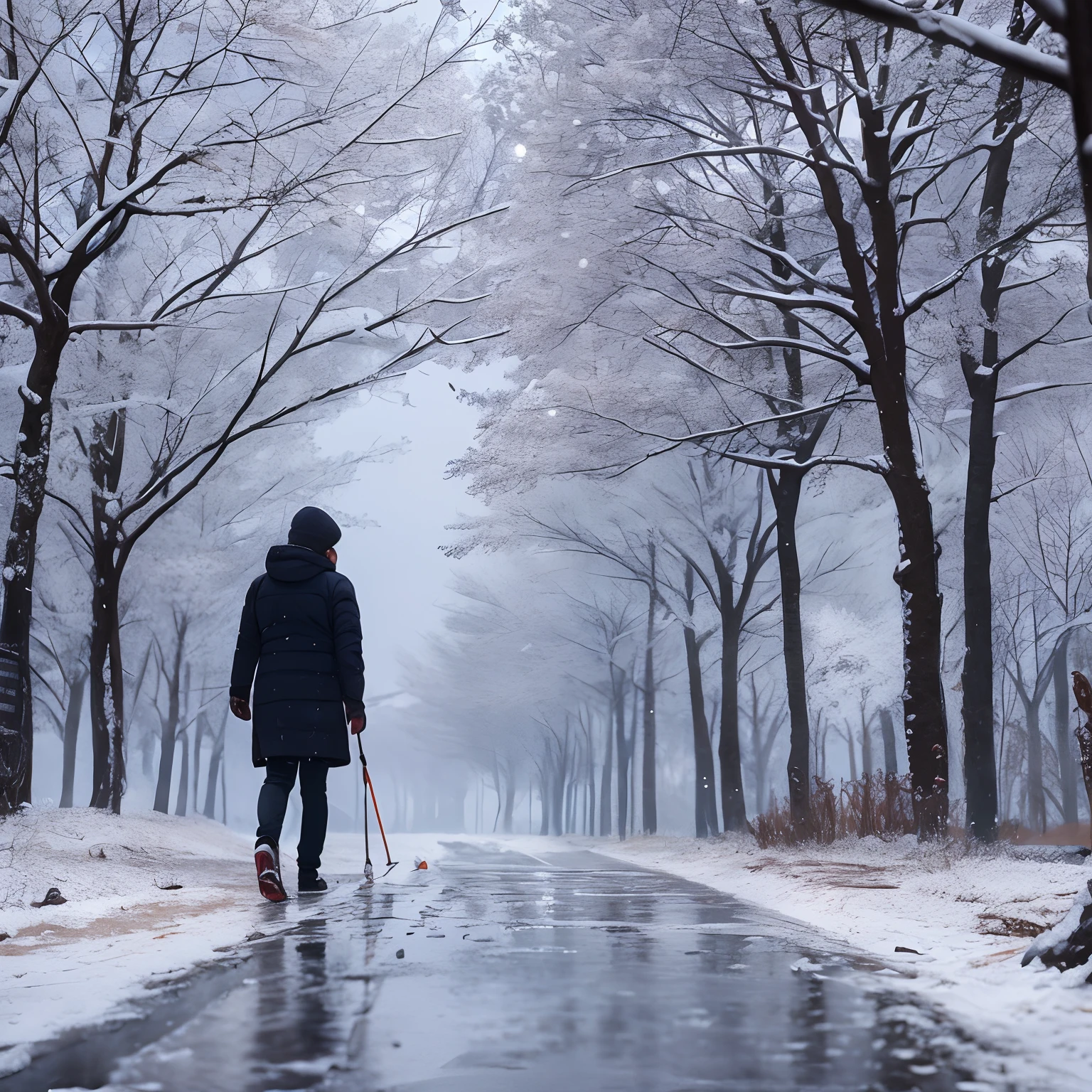 top quality, masterpiece, 8K, UHD, award winning, a man covered with rime ice, man is walking, in winter morning, cold